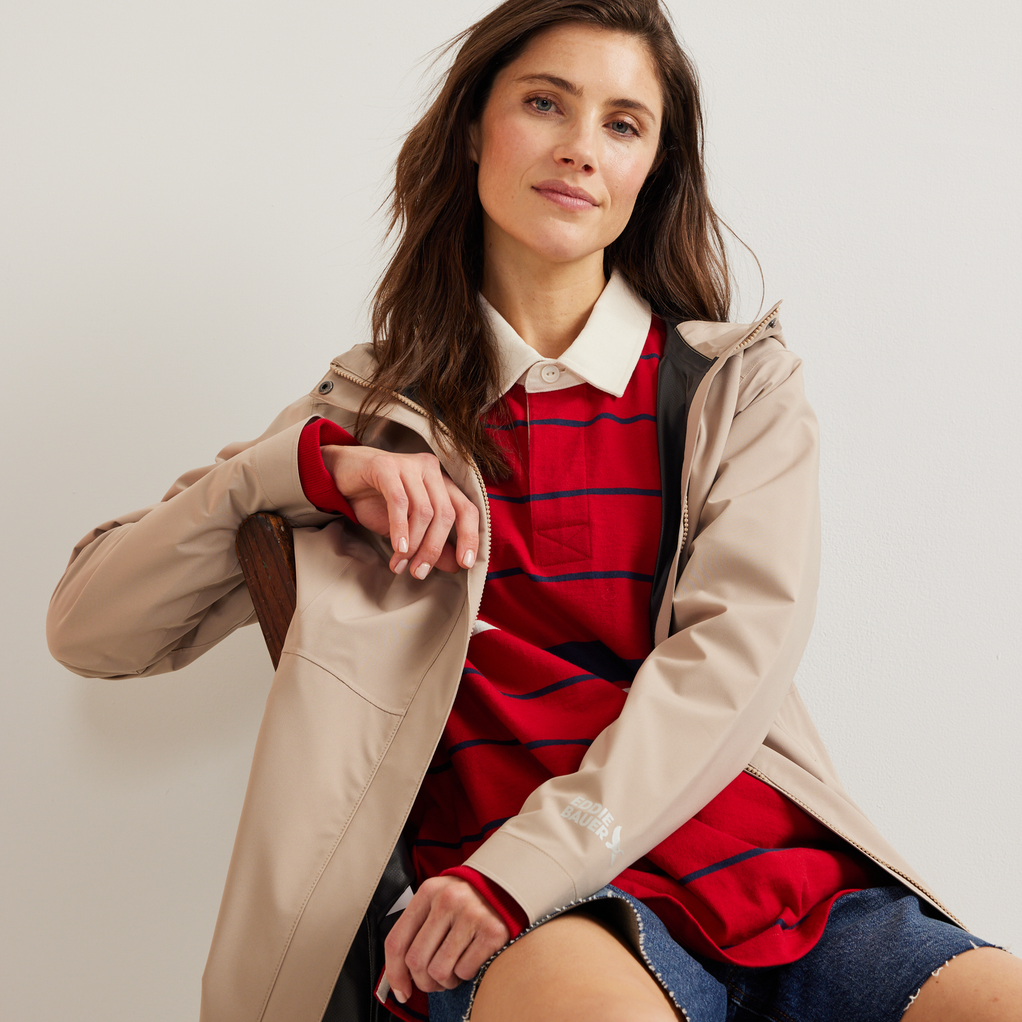 Women's Cloud Cap Waterproof Stretch Hooded Rain Parka-Tan-Regular-T4