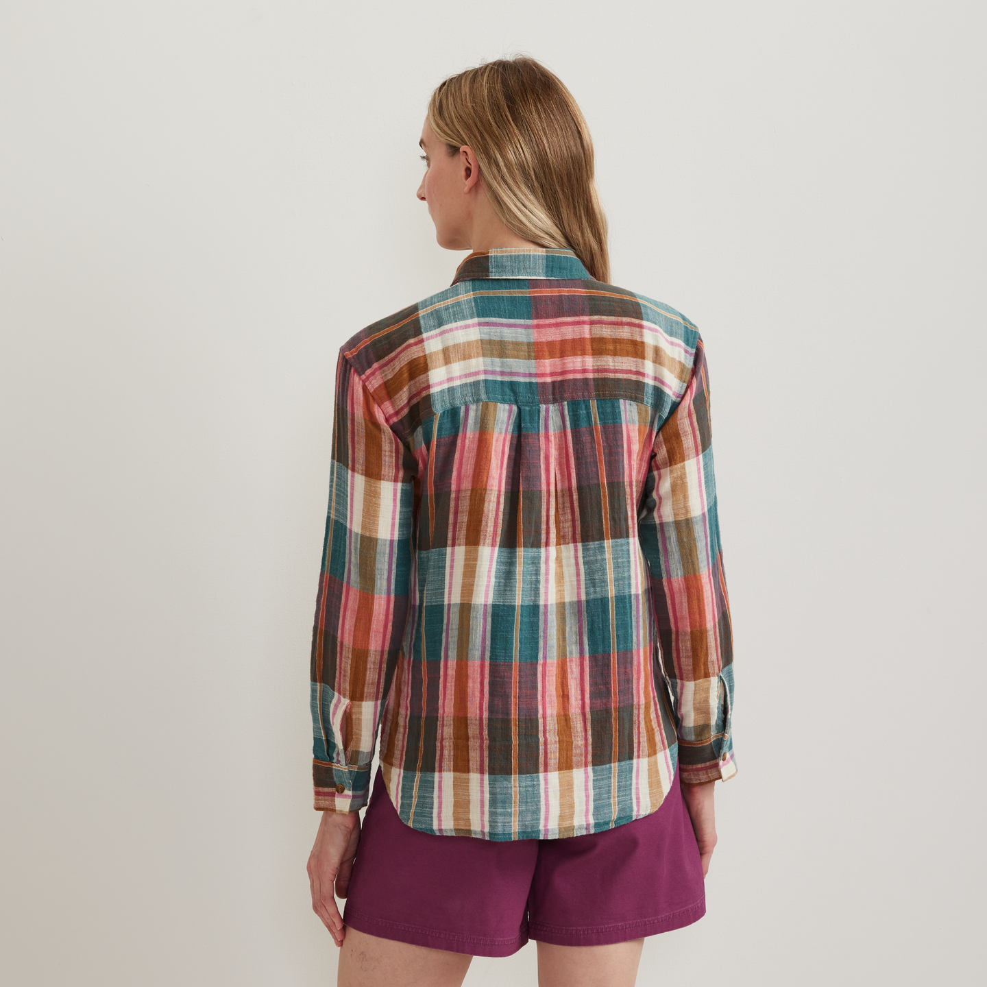 Women's Plaid Cotton Slub-Texture Shirt-Lt Berry-Regular-F1