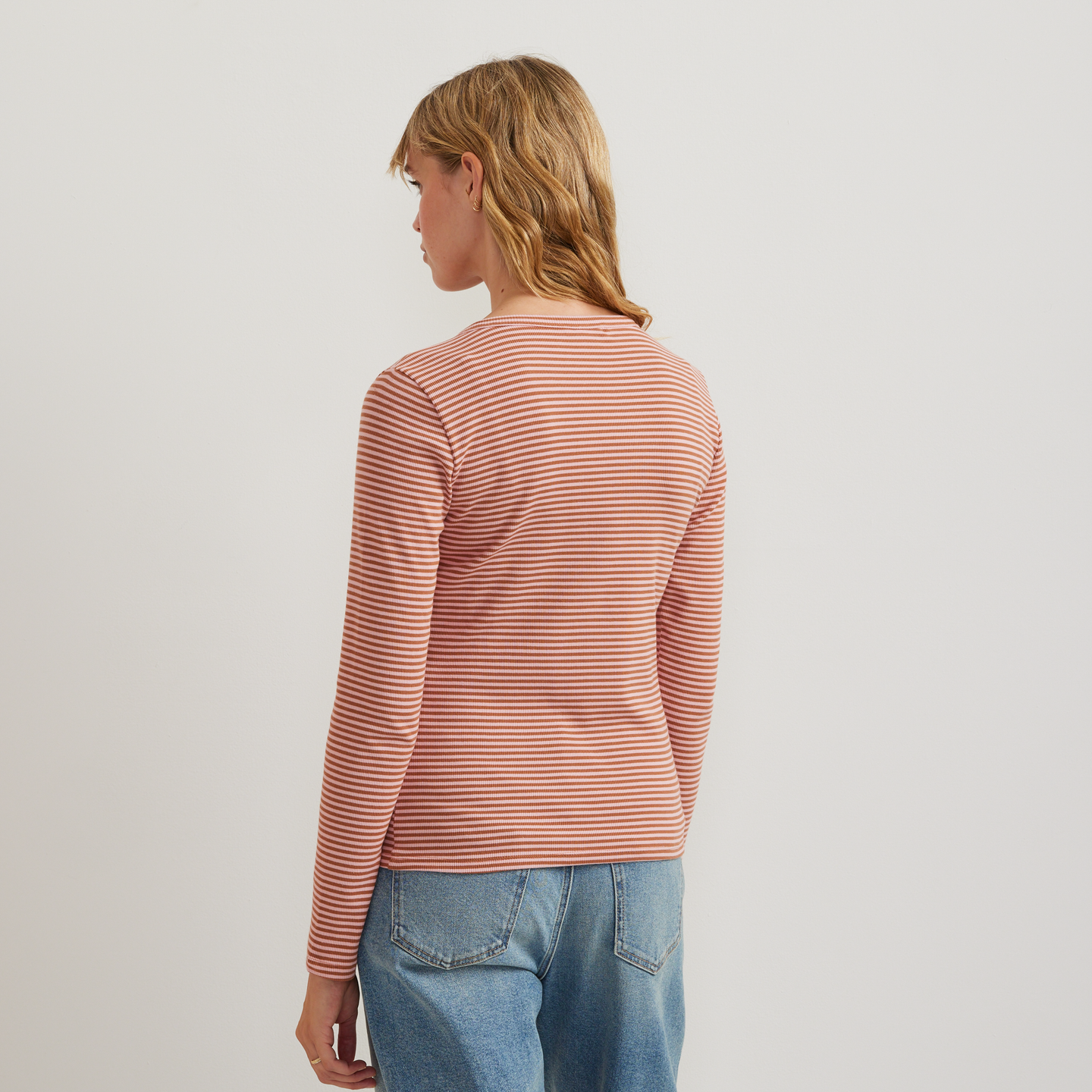 Women's Long-Sleeve Ribbed Henley T-Shirt - Stripe-Lt Berry-Regular-F1