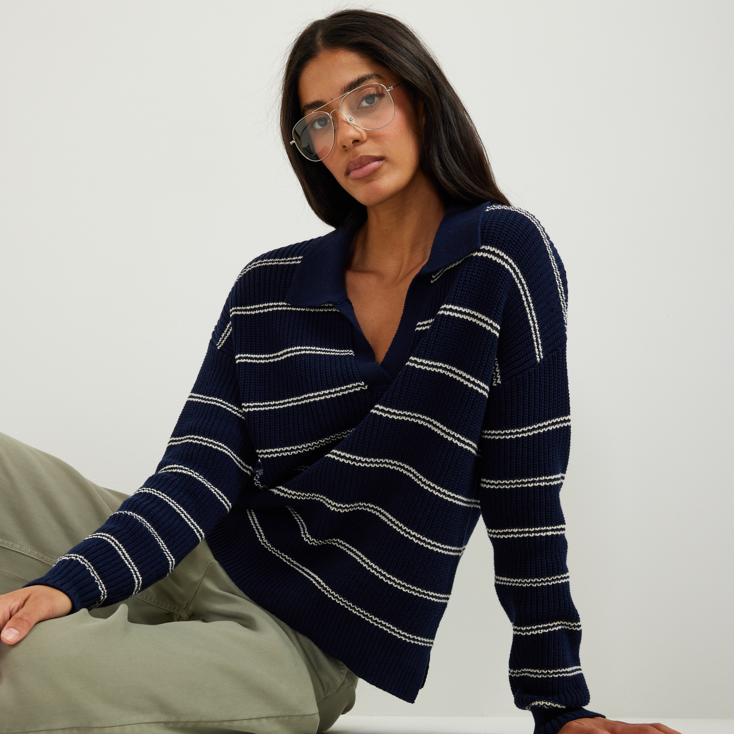 Women's Johnny Collar Striped Sweater-Brook-Regular-T2
