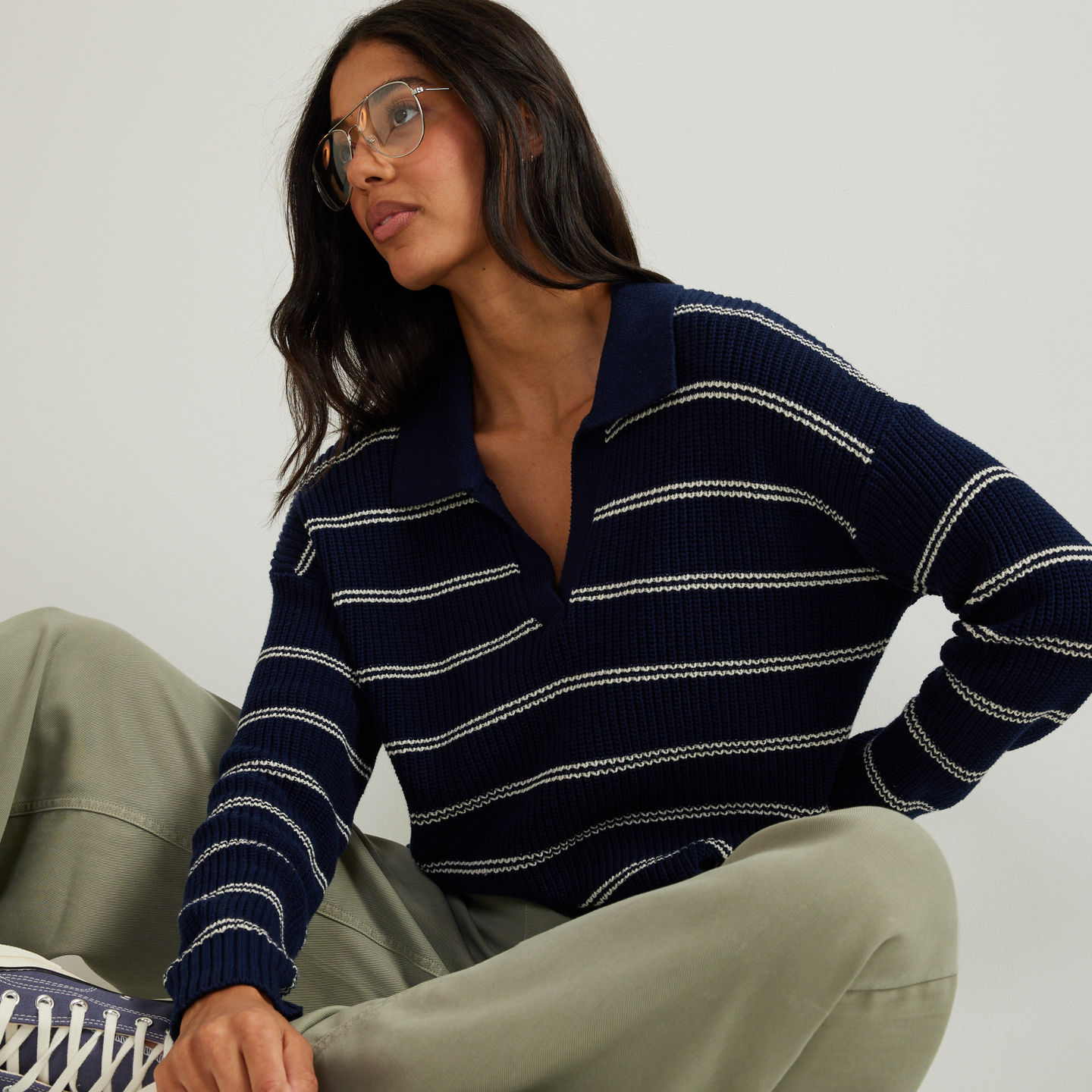 Women's Johnny Collar Striped Sweater-Brook-Regular-T4