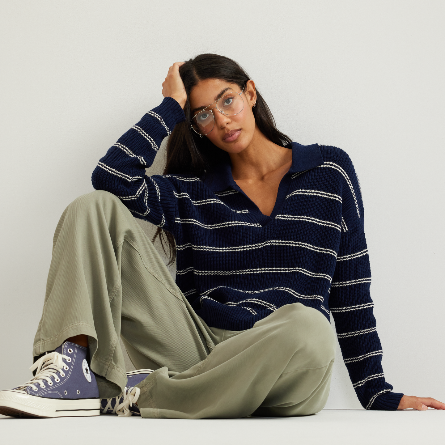 Women's Johnny Collar Striped Sweater-Brook-Regular-T7