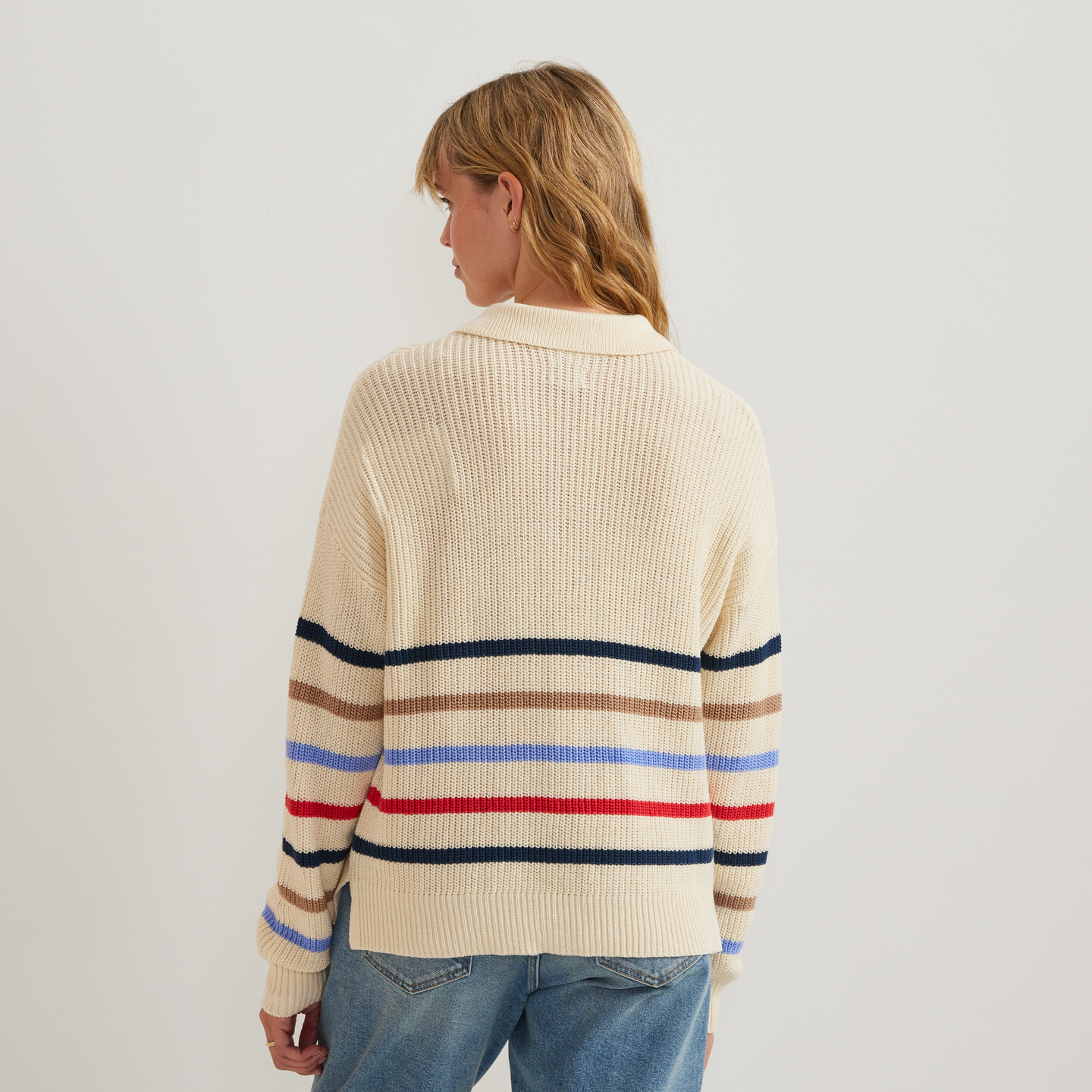 Women's Johnny Collar Multi-Stripe Sweater-Ivory-Regular-F1