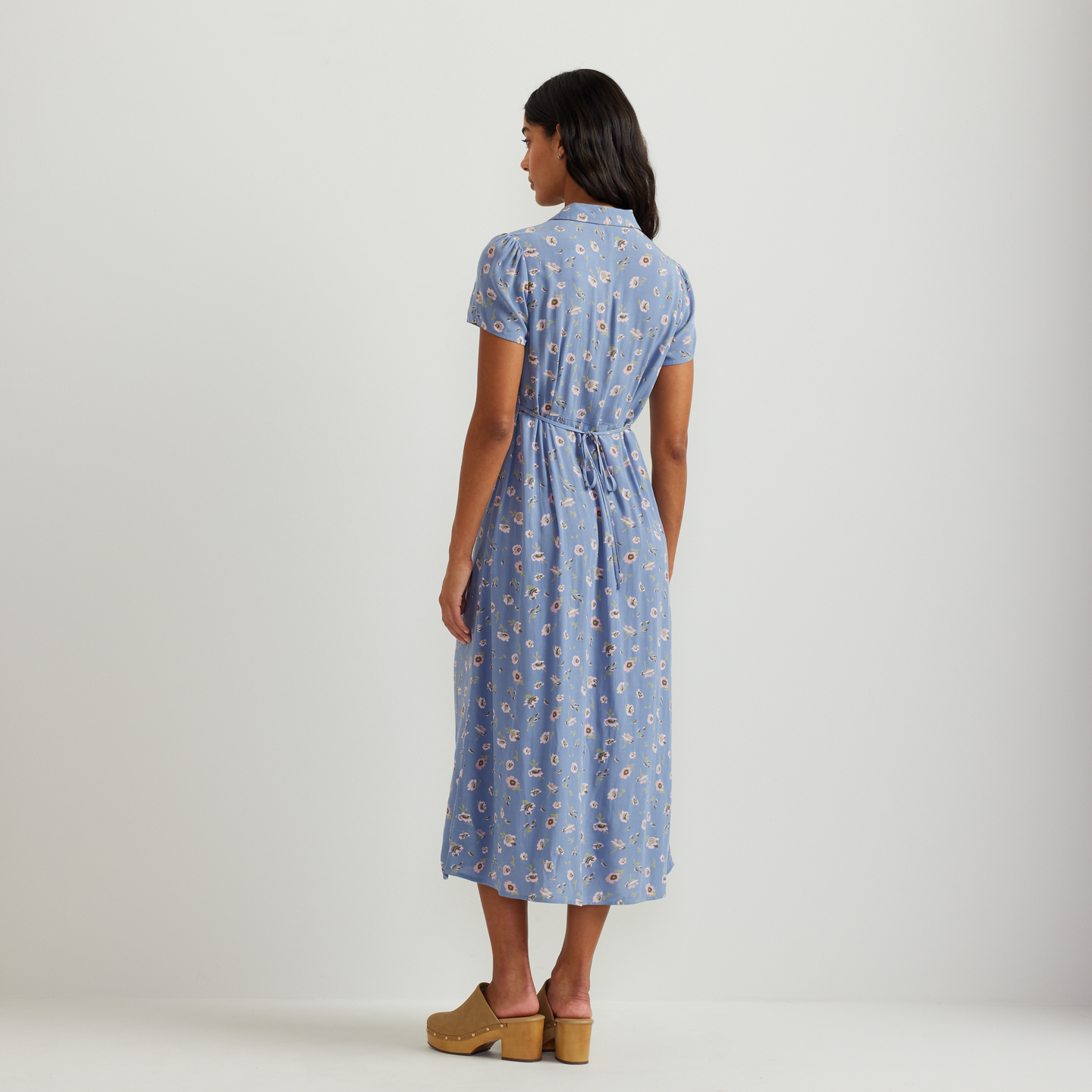 Women's Camp Collar Short-Sleeve Midi Dress-Blue-Regular-F1
