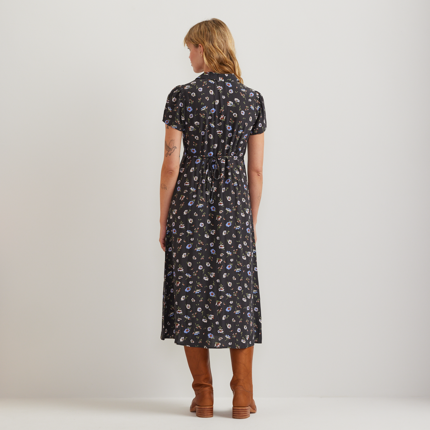 Women's Camp Collar Short-Sleeve Midi Dress-Carbon-Regular-F1