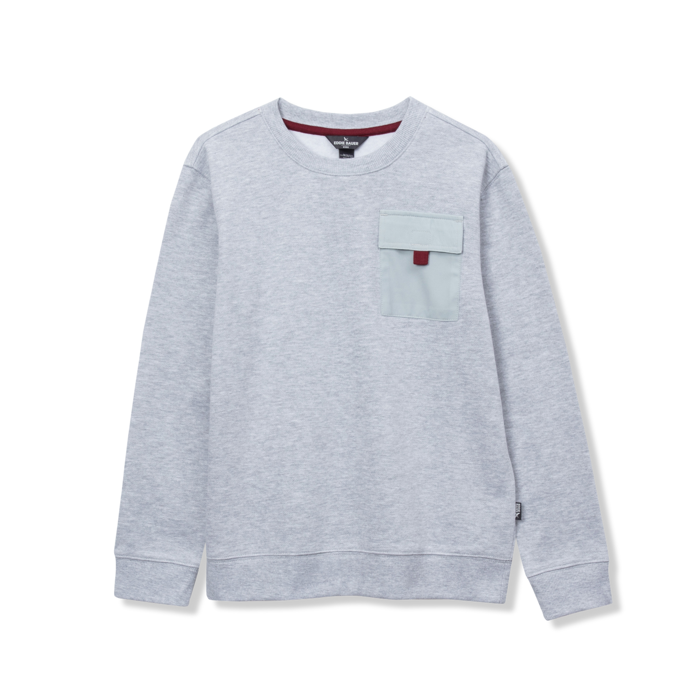 Light gray crewneck fleece sweatshirt with contrast chest pocket and burgundy trim detail.