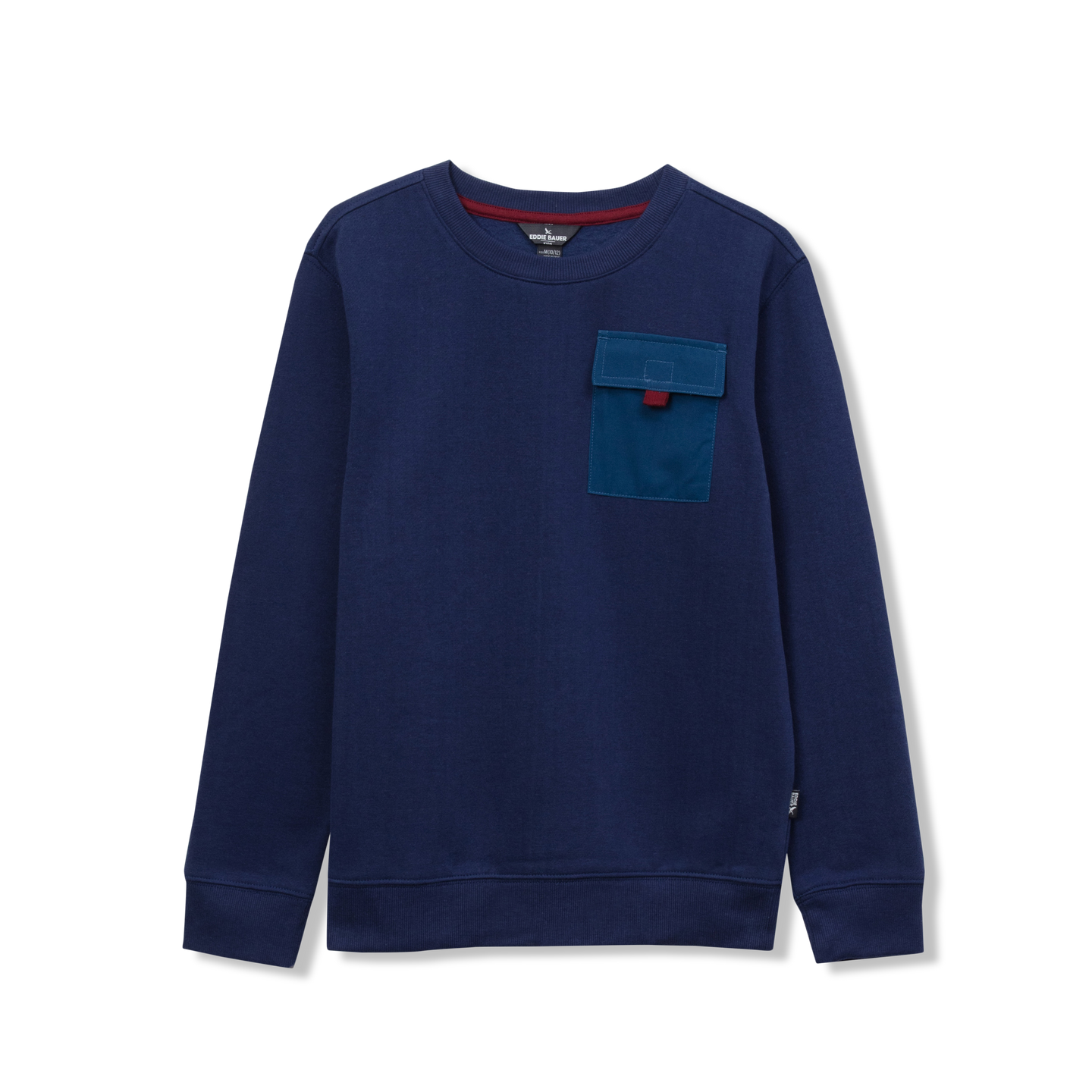 Navy crewneck fleece sweatshirt with teal chest pocket and red accent tab.
