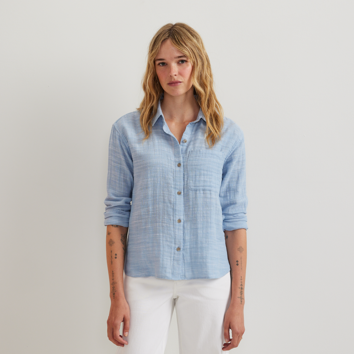 Women's Cotton Slub Long-Sleeve Shirt-Slate Blue-Regular-C1