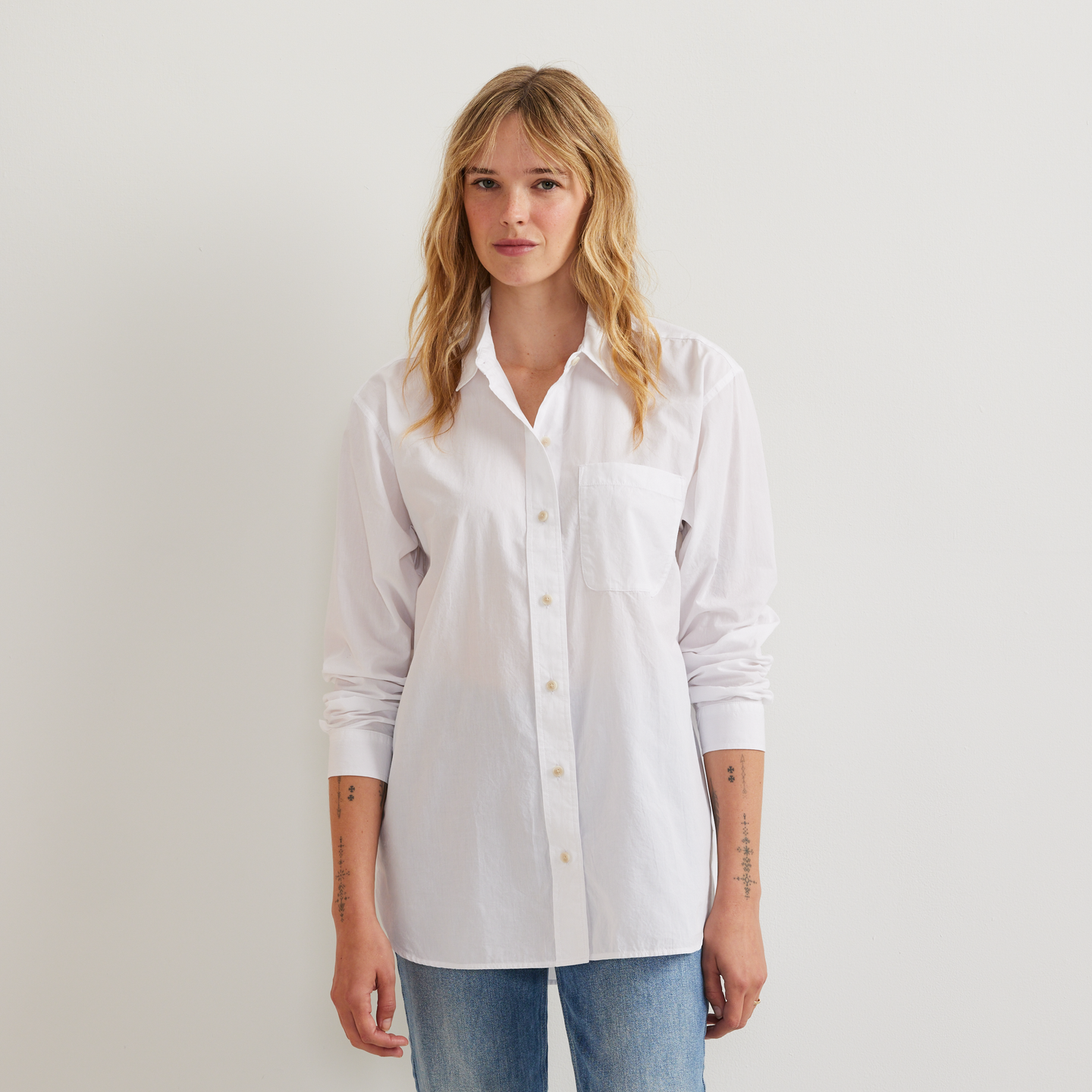 Women's Poplin Button Down Shirt-White-Regular-C1