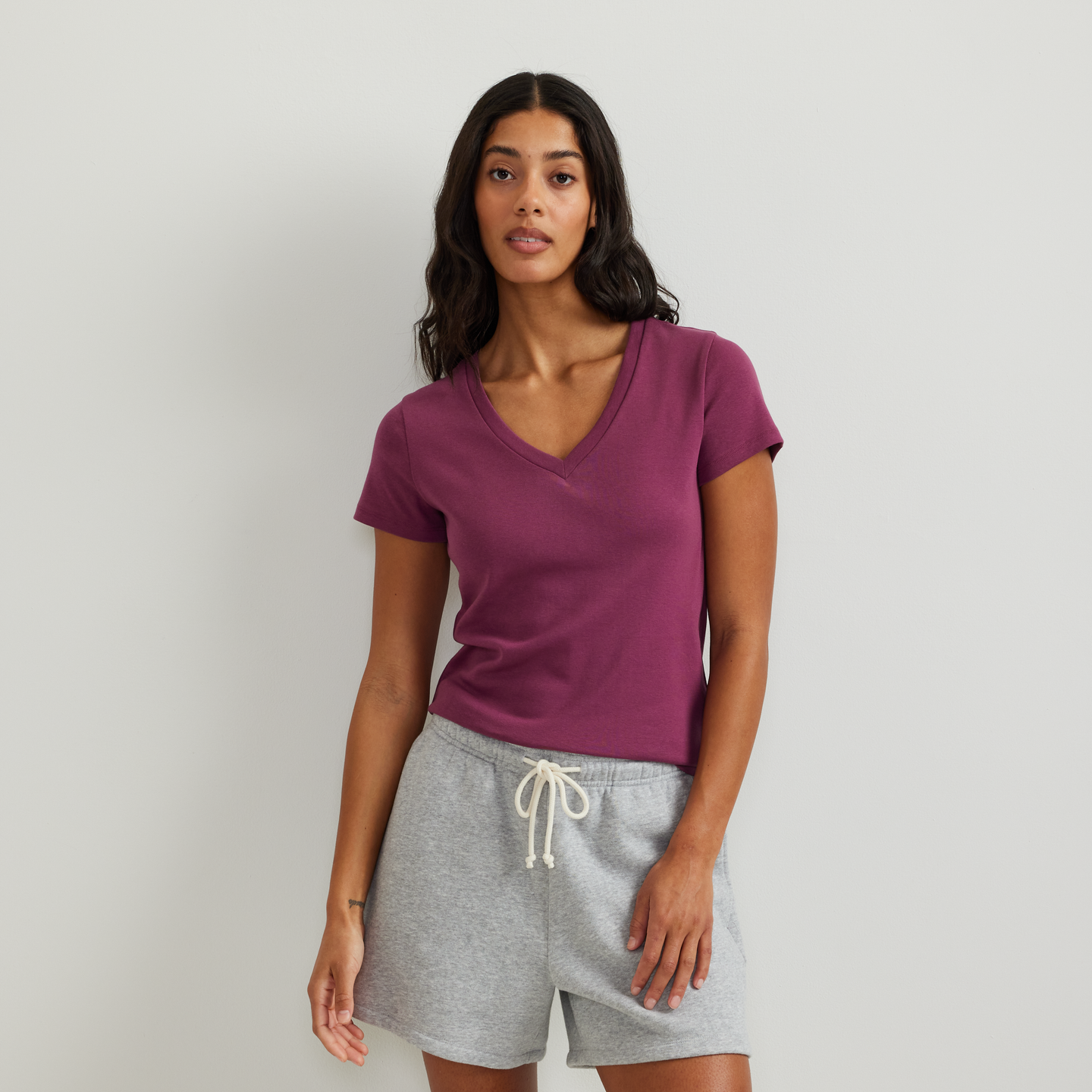 Women's Everyday Short-Sleeve V-Neck T-Shirt-Wine-Regular-C1