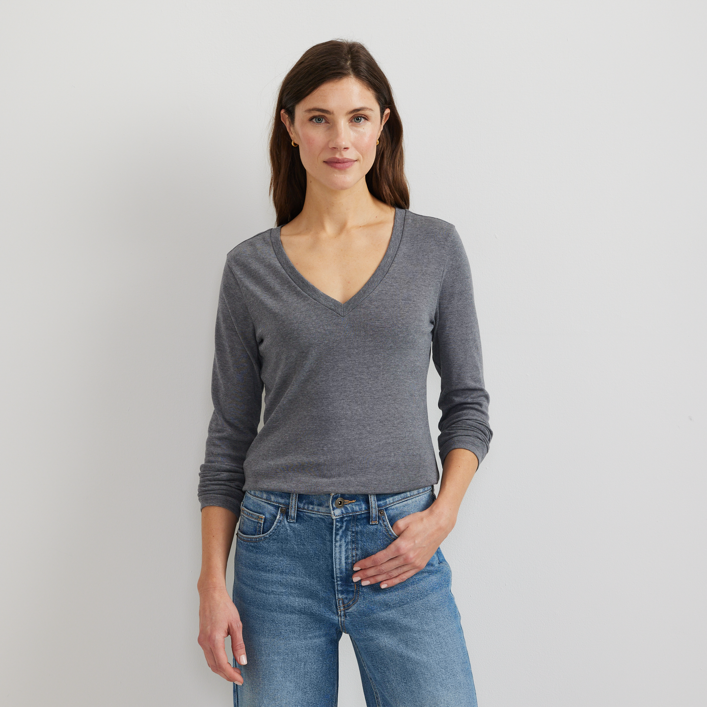 Women's Everyday Long-Sleeve V-Neck T-Shirt-Med Htr Gray-Regular-C1