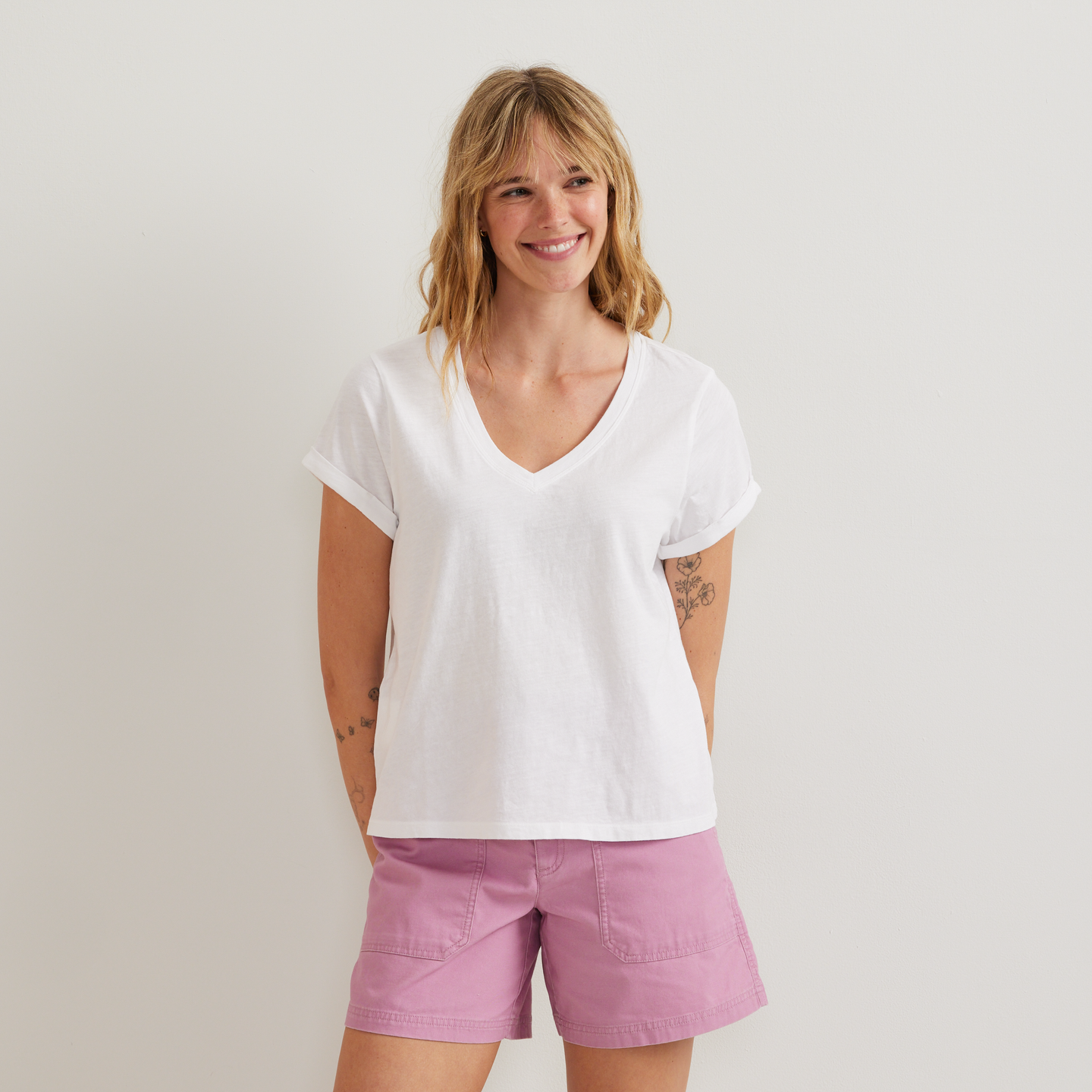 Women's Sunwashed V-Neck T-Shirt-White-Regular-C1