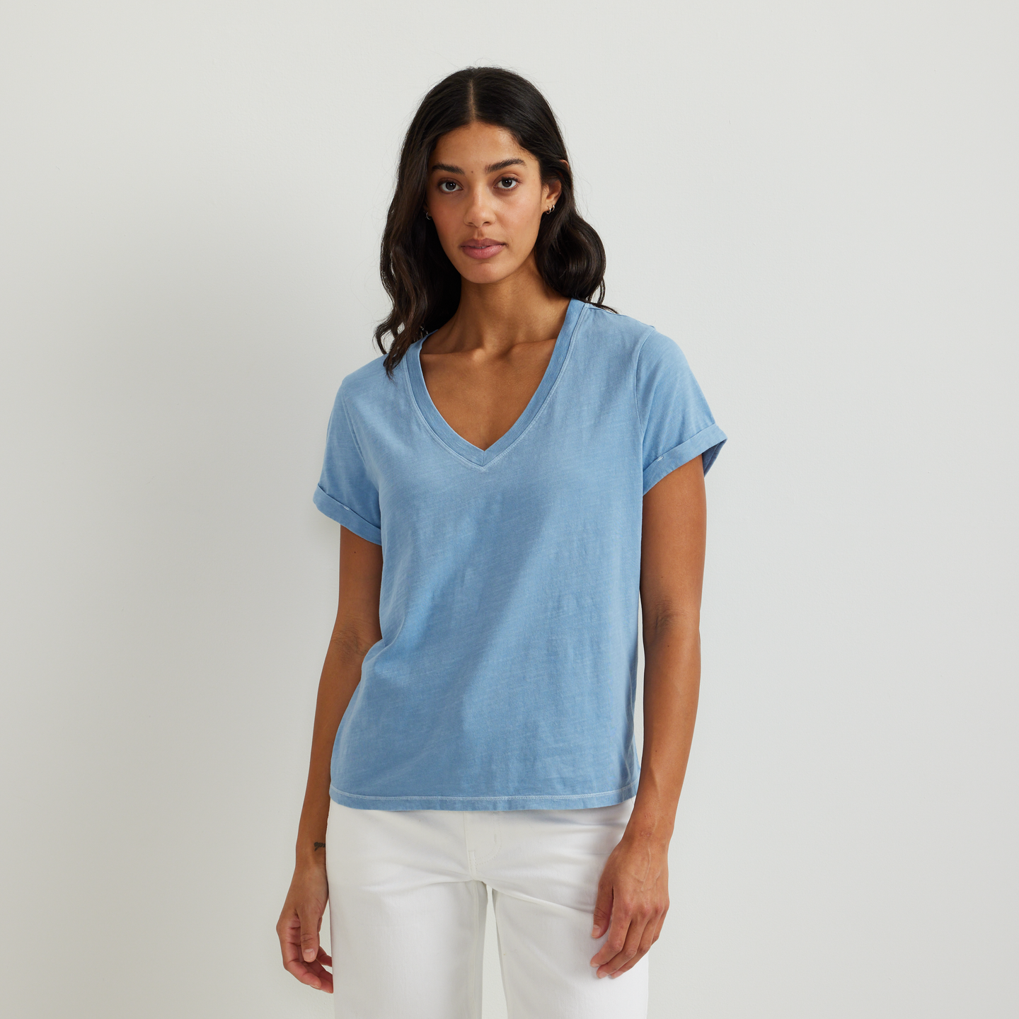Women's Sunwashed V-Neck T-Shirt-Blue Fog-Regular-C1