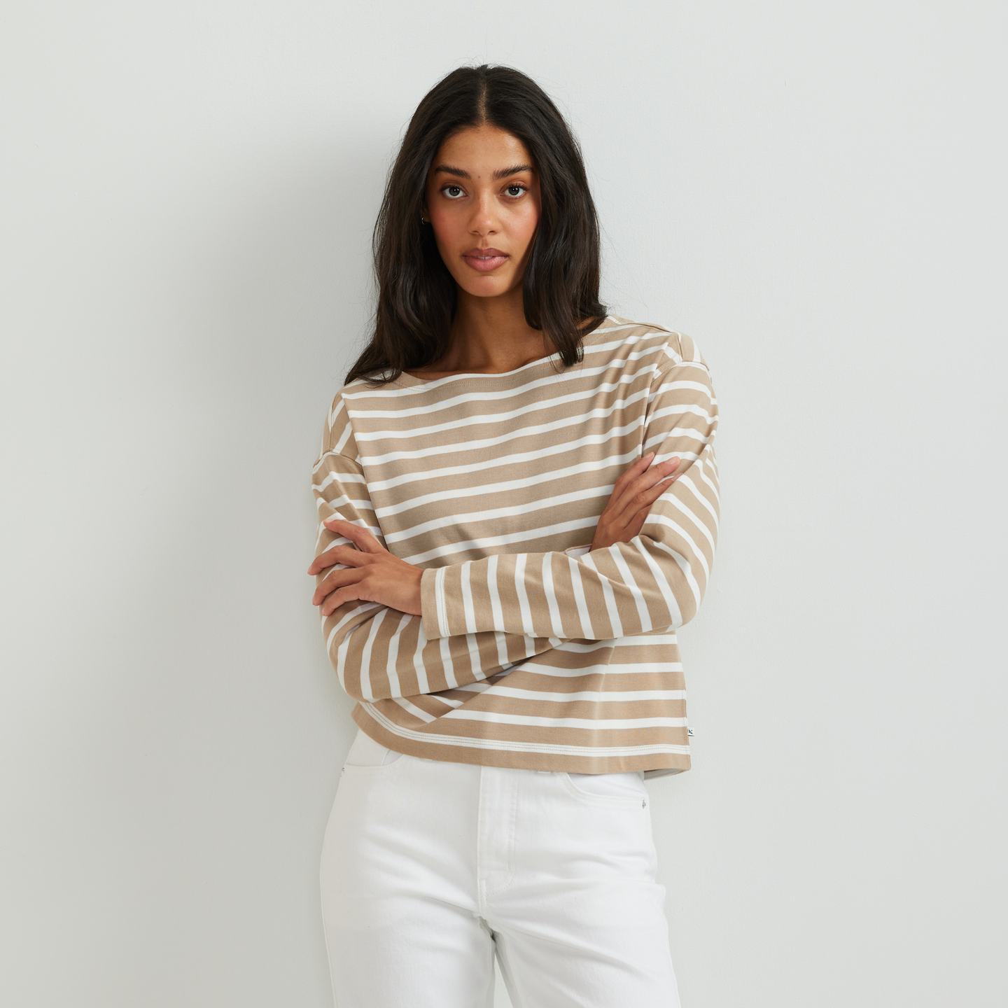 Women's Sailor Bateau Neck T-Shirt-Tan-Regular-C1