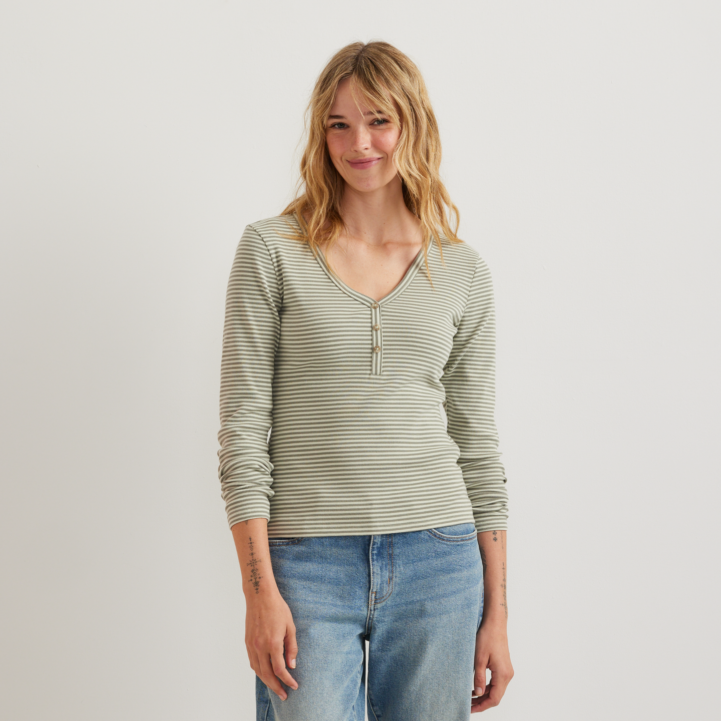 Women's Long-Sleeve Ribbed Henley T-Shirt - Stripe-Honeydew-Regular-C1