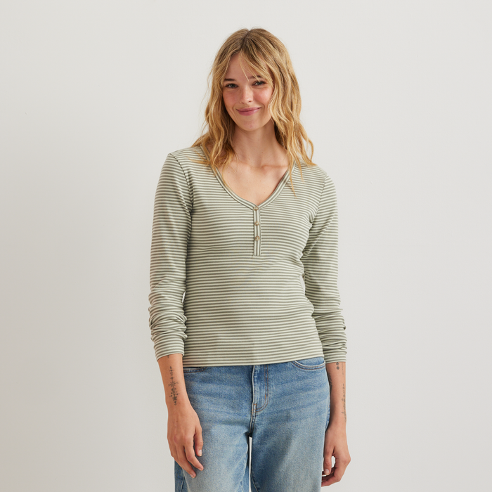 Women's Long-Sleeve Ribbed Henley T-Shirt - Stripe