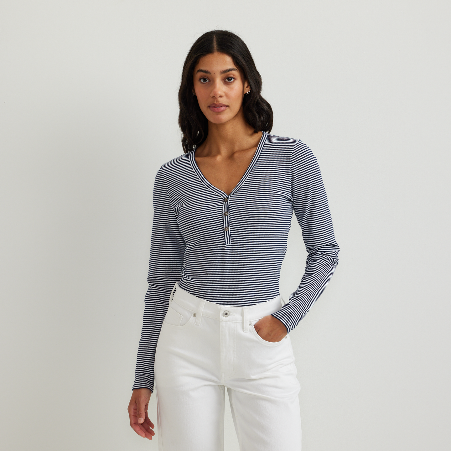 Women's Long-Sleeve Ribbed Henley T-Shirt - Stripe-Brook-Regular-C1