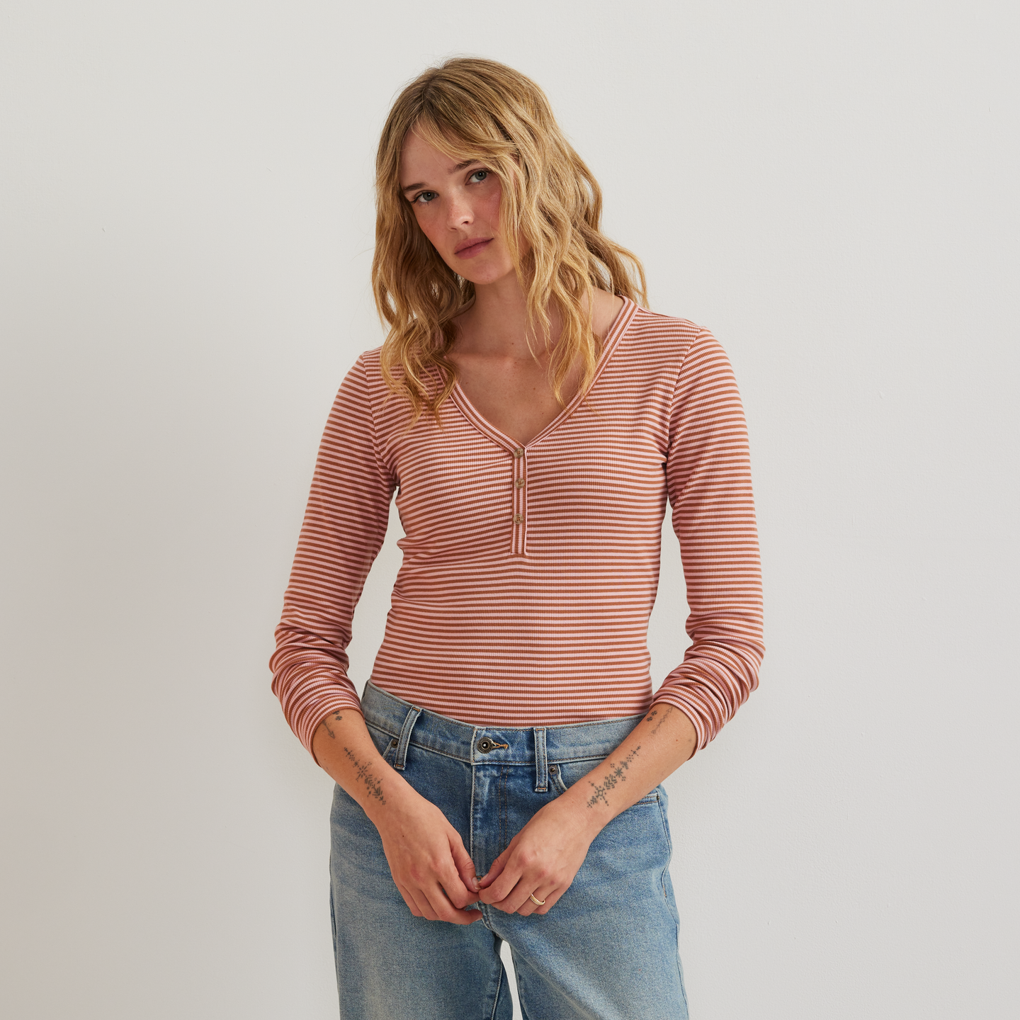 Women's Long-Sleeve Ribbed Henley T-Shirt - Stripe-Lt Berry-Regular-C1