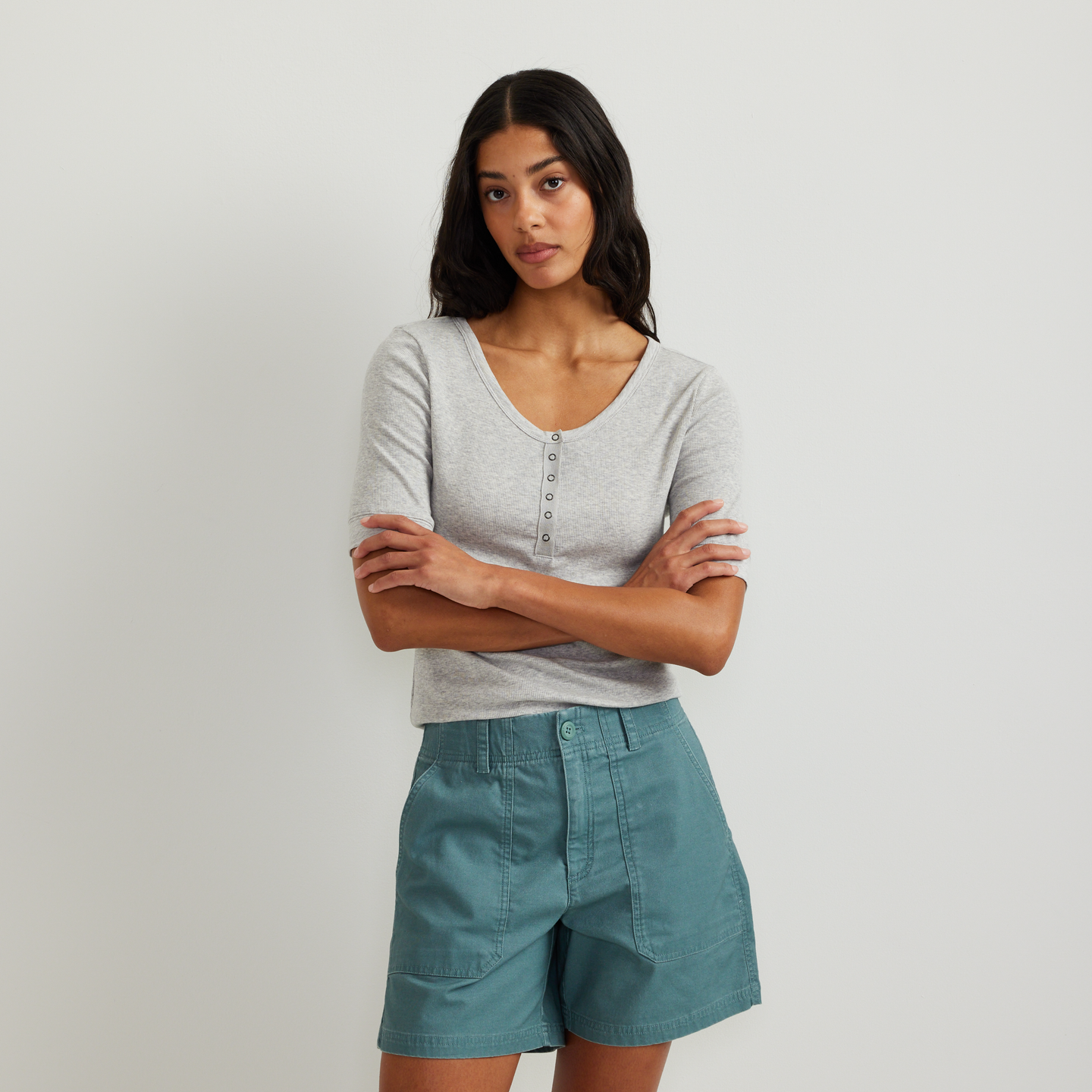 Women's Softline Short-Sleeve Ribbed Henley-Lt Htr Gray-Regular-C1