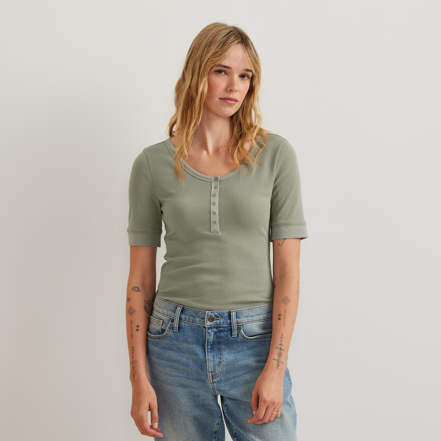 Women's Softline Short-Sleeve Ribbed Henley-Sage-Regular-C1