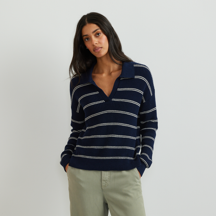 Women's Johnny Collar Striped Sweater