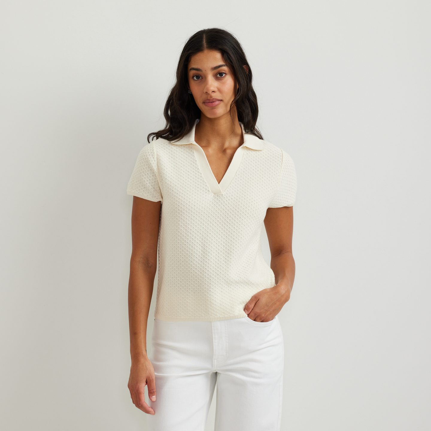 Women's Diamond Stitch SS Sweater Po-Ivory-Regular-C1