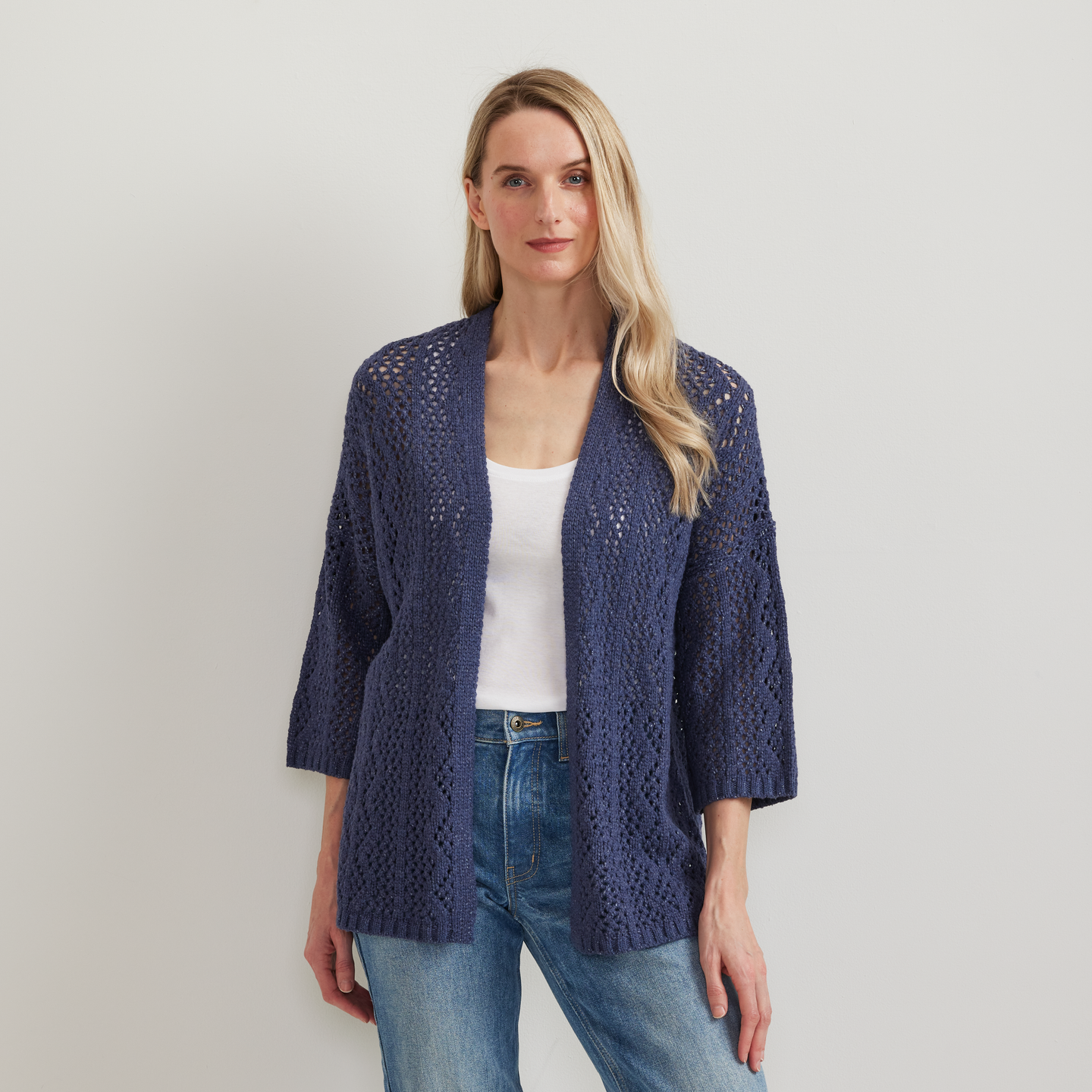 Women's Long Open Front Cardigan-Htr Blue-Regular-C1