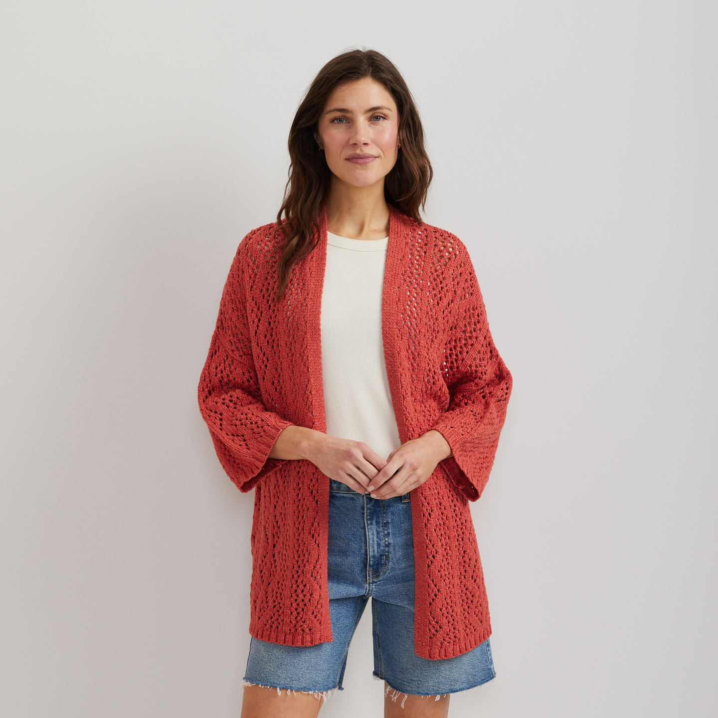 Women's Long Open Front Cardigan-Htr Red-Regular-C1