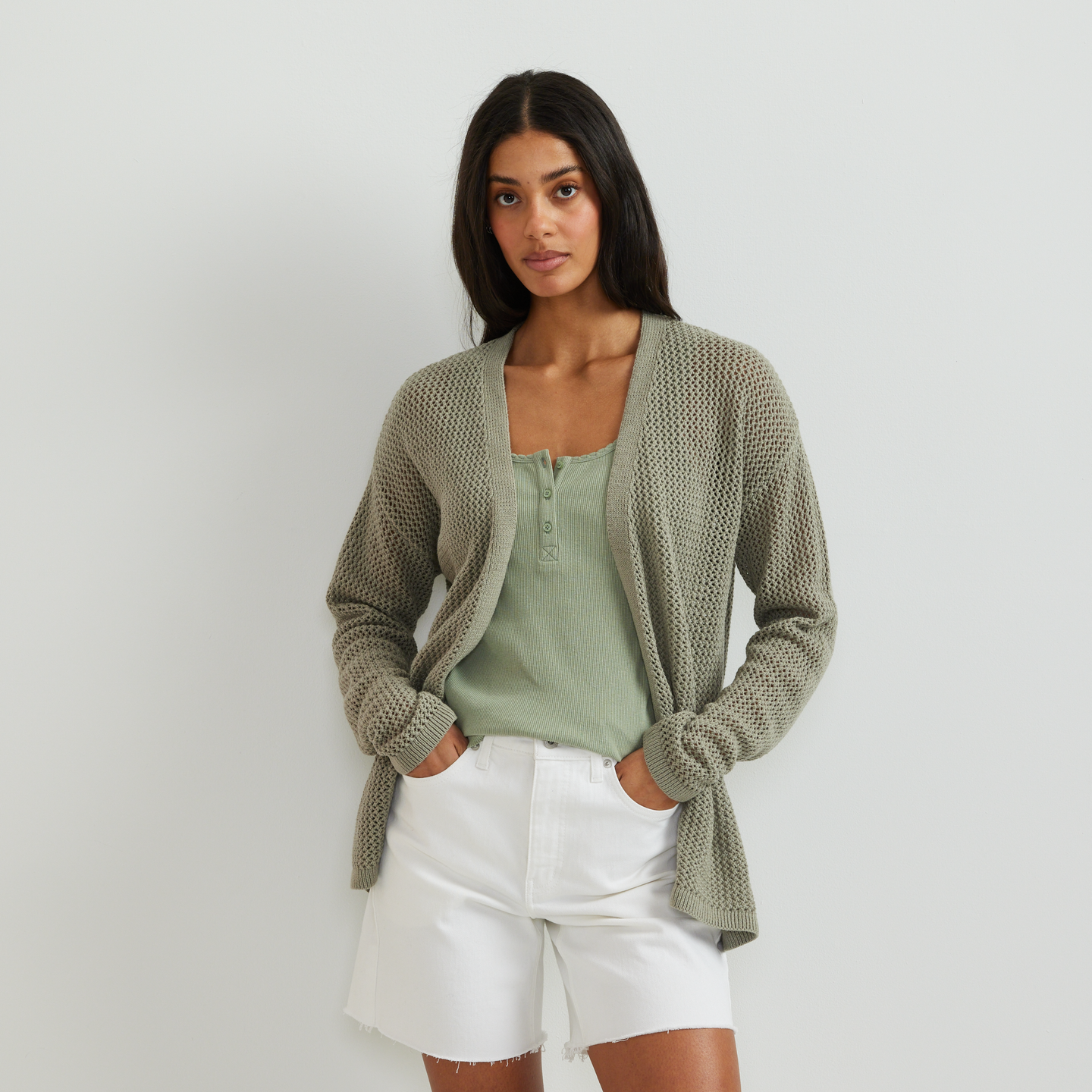 Women's Open-Front Cardigan-Sage-Regular-C1