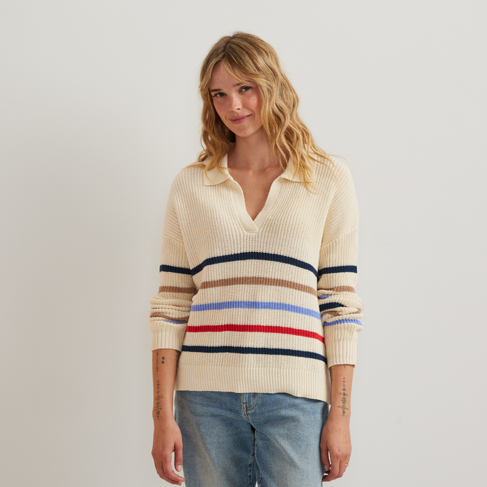 Women's Johnny Collar Multi-Stripe Sweater