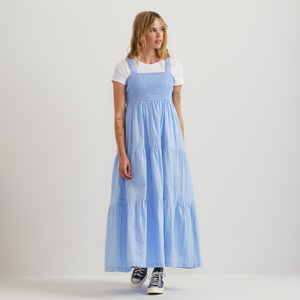 eddie bauer denim dress Women's Smocked Tiered Midi line silhouette SKU14005 Made size_9-d-m Size:M+ Asymmetrical Ruffle Halter Tie-Neck