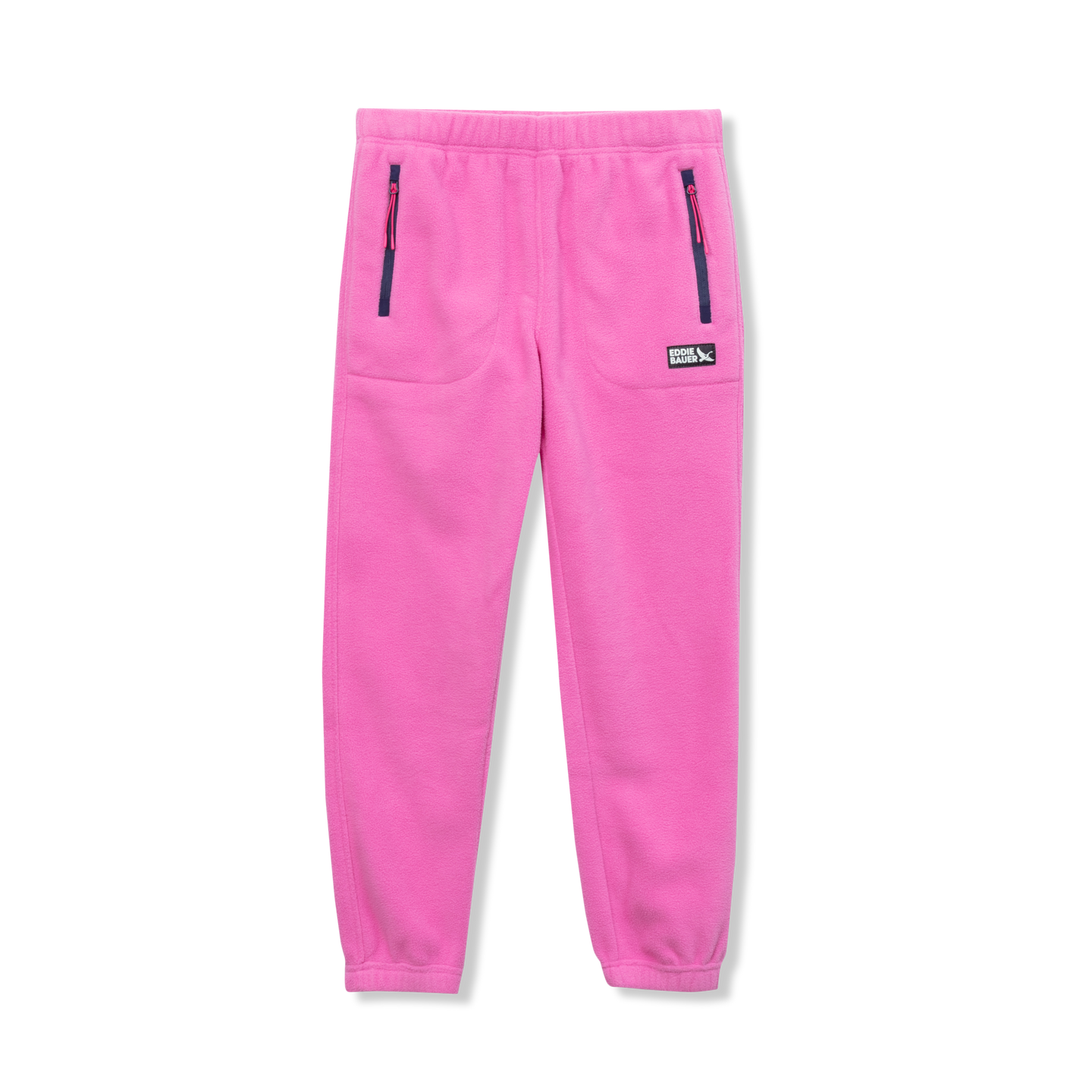 Pink fleece joggers with zippered pockets and elastic waistband.