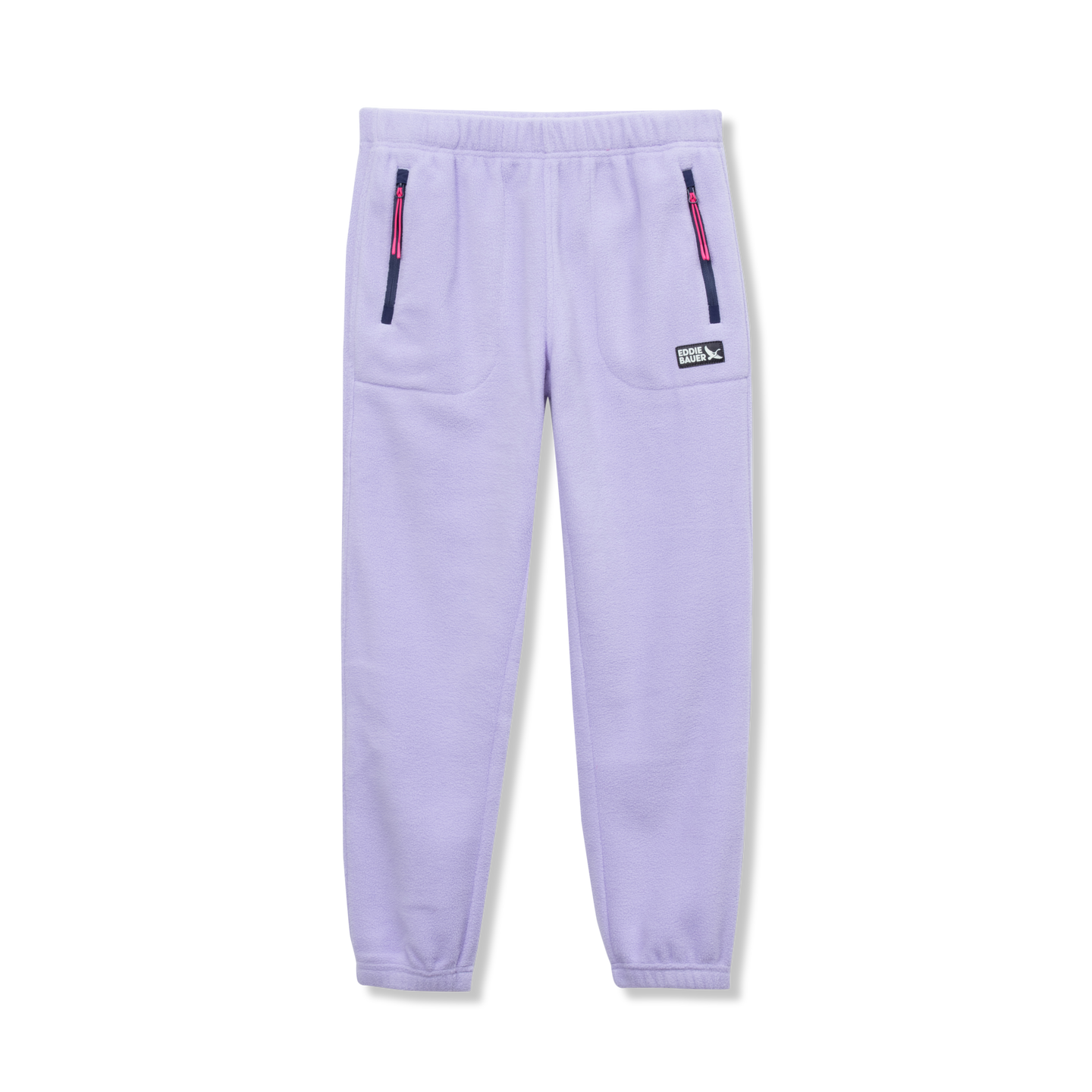 Lavender fleece joggers with zippered side pockets and elastic waistband.