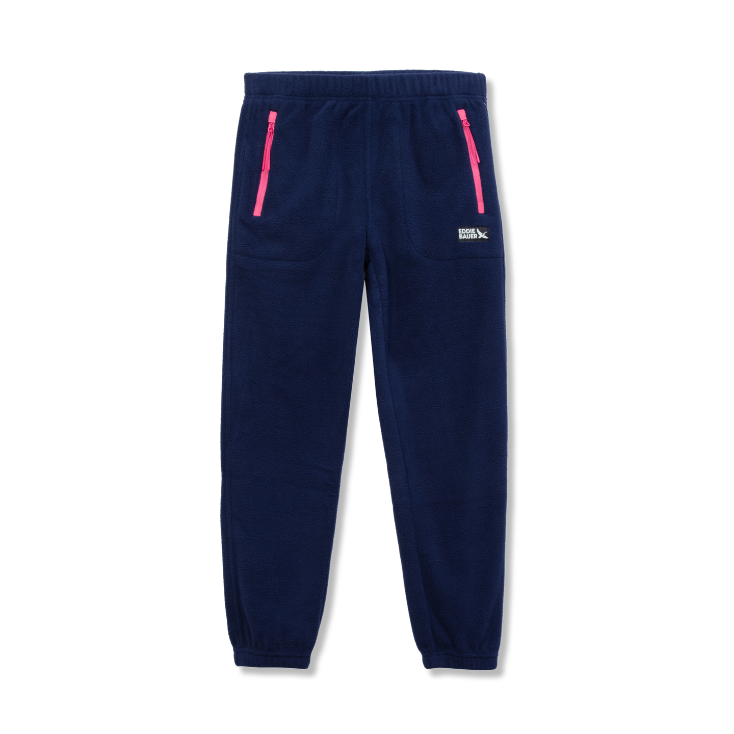 Navy fleece joggers with pink zippers on front pockets and elasticated cuffs.