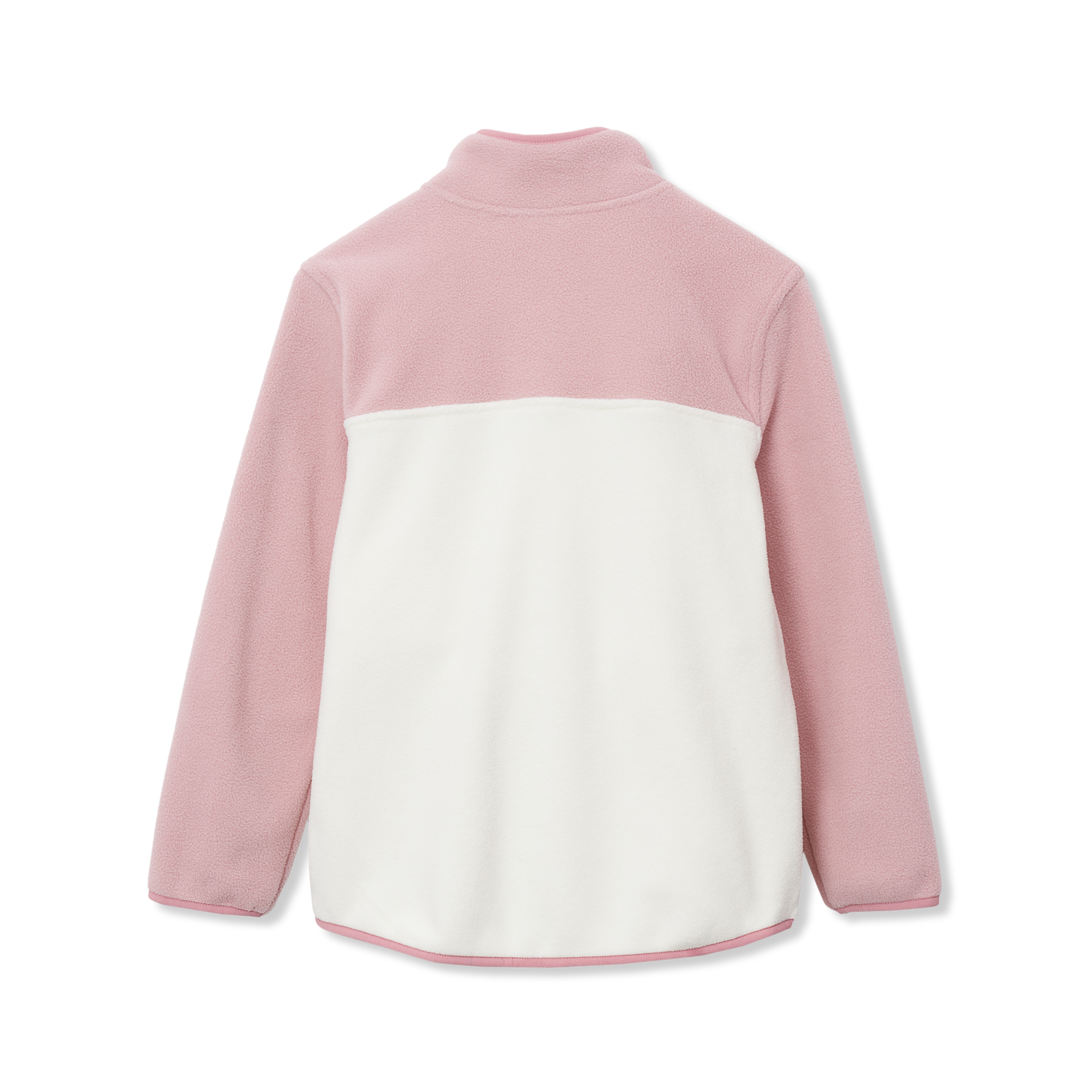 Pink and cream fleece pullover with snap neck closure and colorblock design.