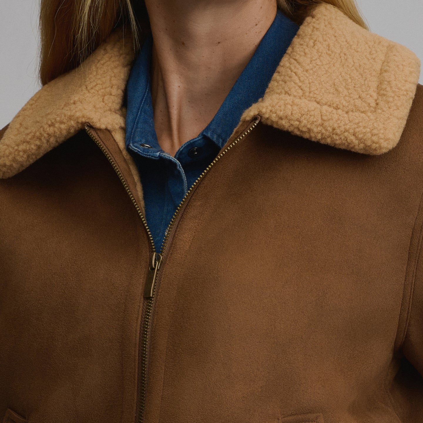 Women's Faux Shearling Jacket-Camel-3