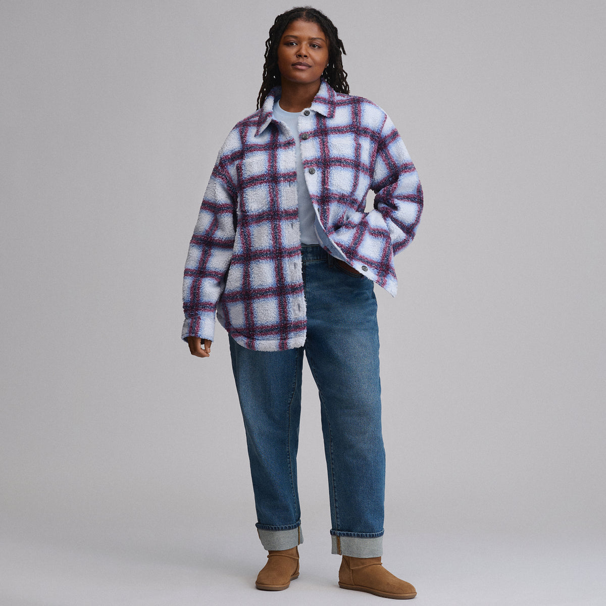 Women's Plaid Fleece Shirt Jacket-Glacier-5