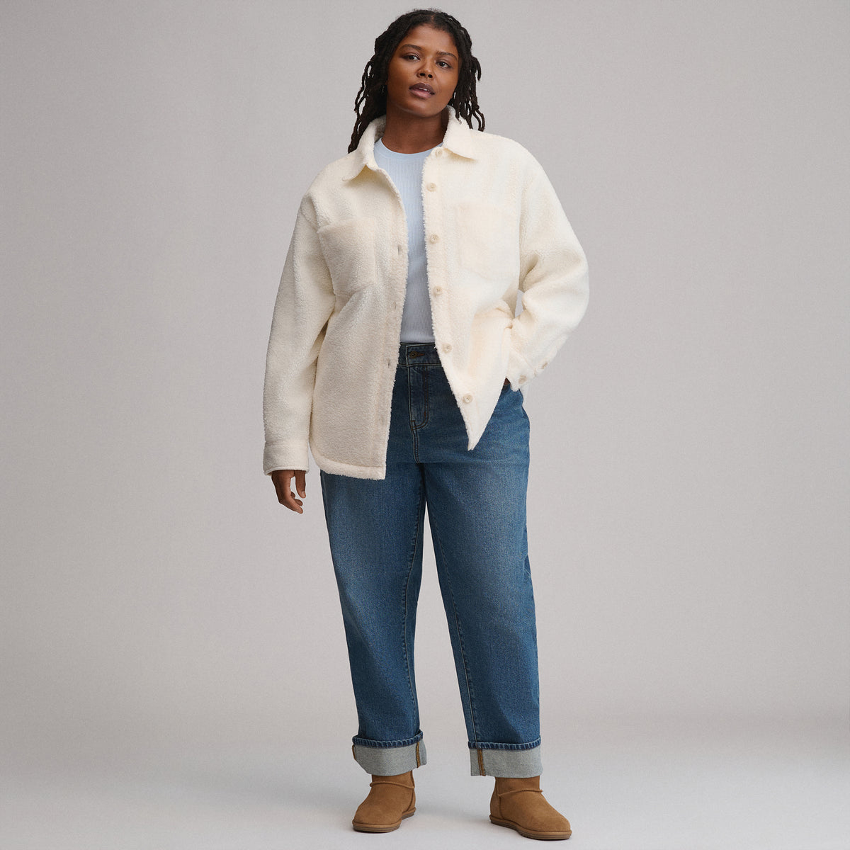 Women's Fleece Shirt Jacket-Ivory-5