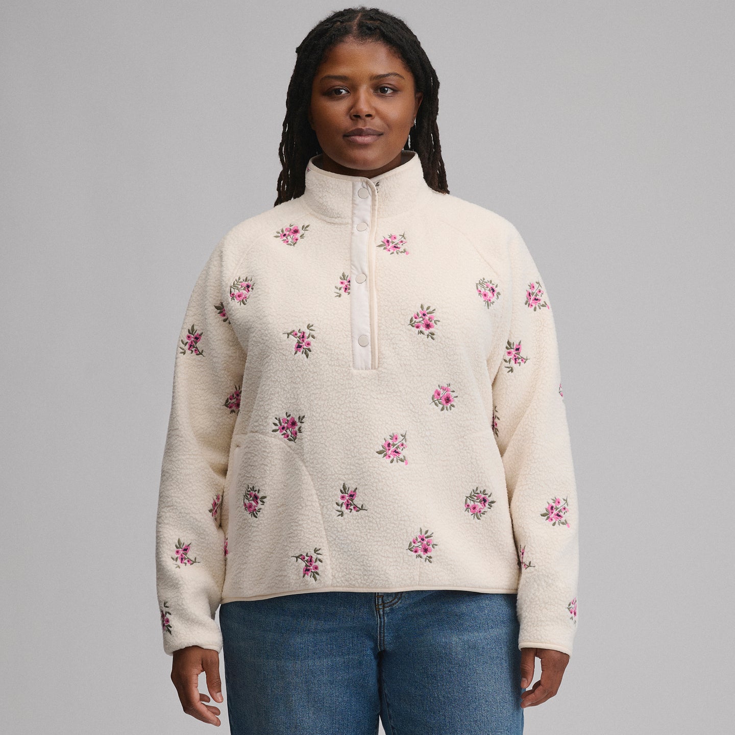 Women's Plush Fleece Snap-Mock Pullover - Embroidered-Blush-1