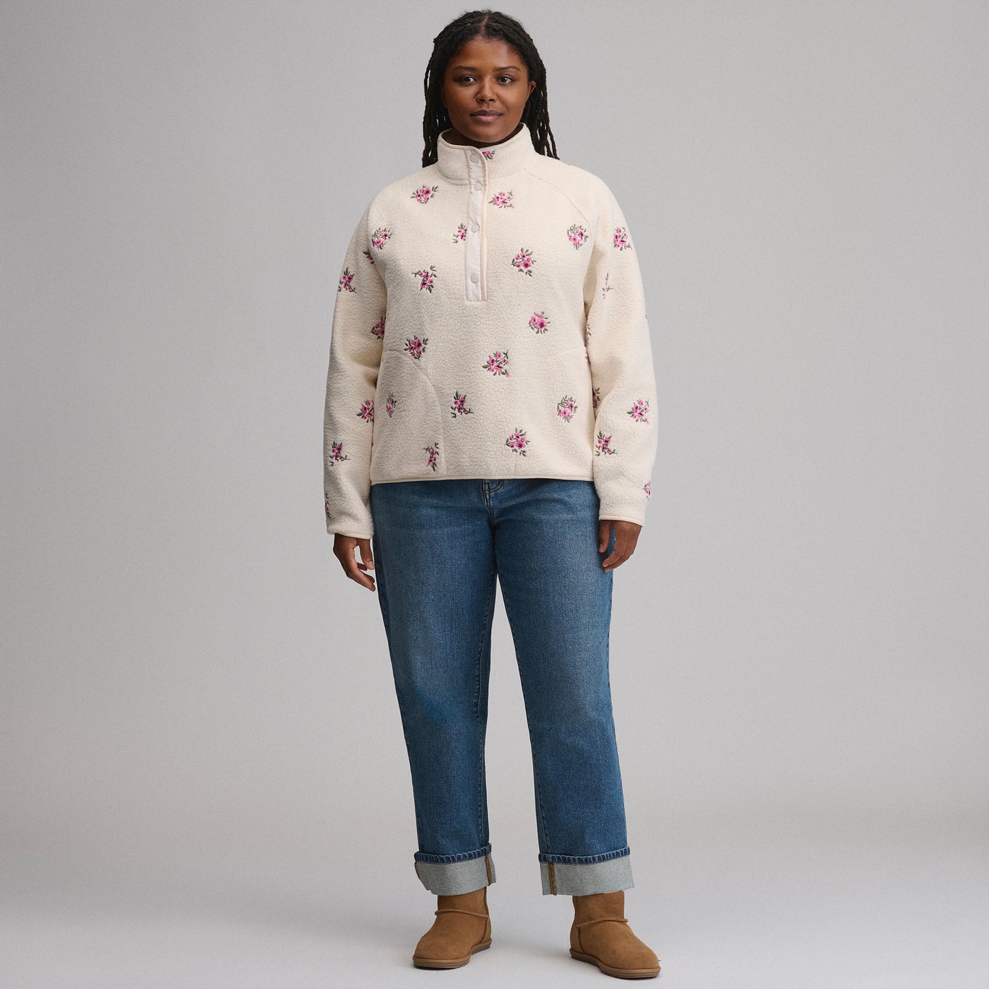 Women's Plush Fleece Snap-Mock Pullover - Embroidered-Blush-4