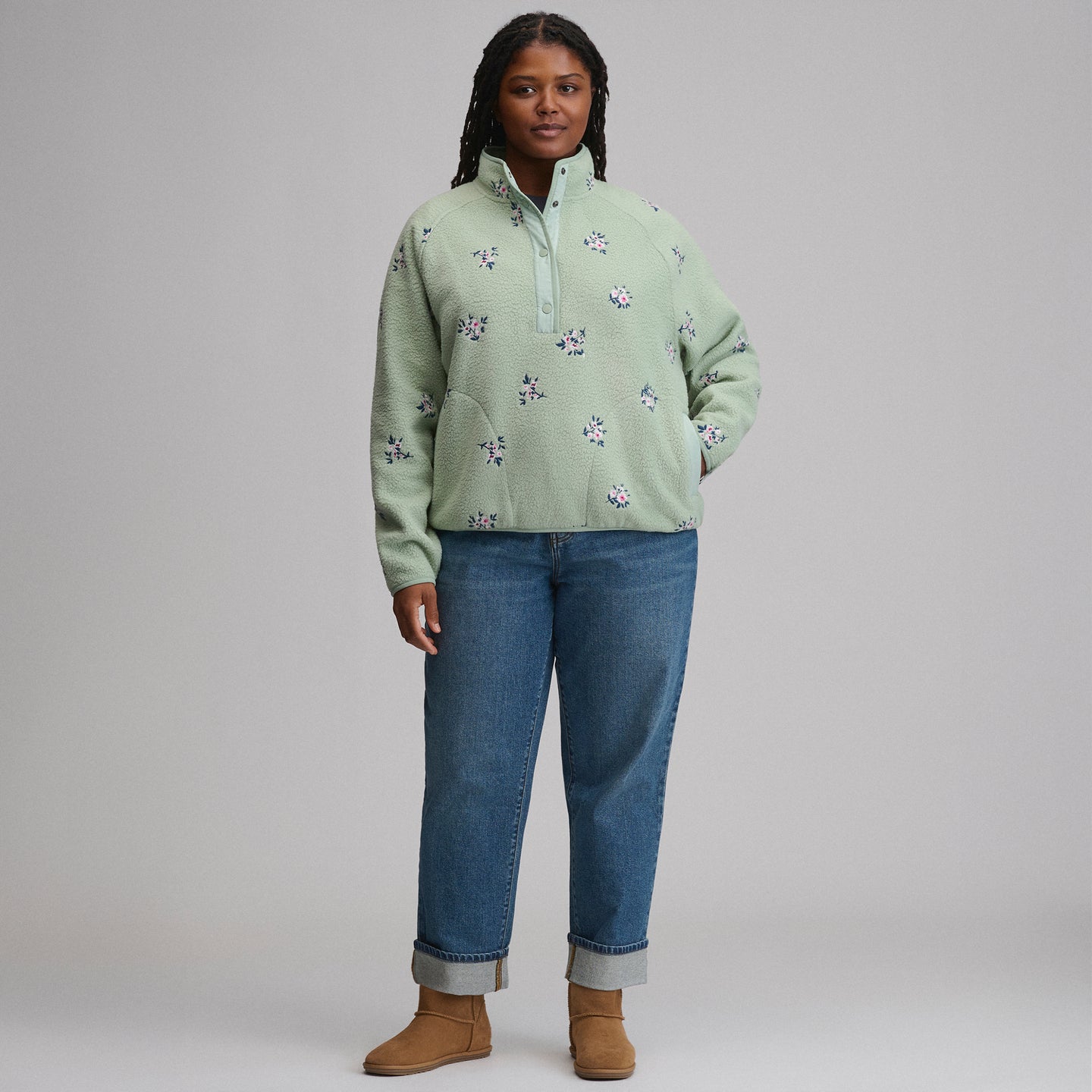 Women's Plush Fleece Snap-Mock Pullover - Embroidered-Limestone-8