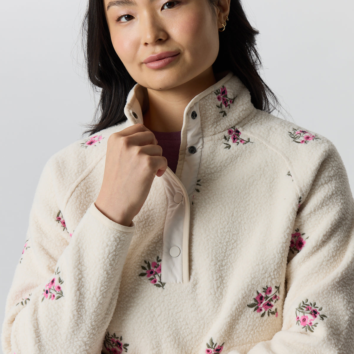 Women's Plush Fleece Snap-Mock Pullover - Embroidered-Blush-2