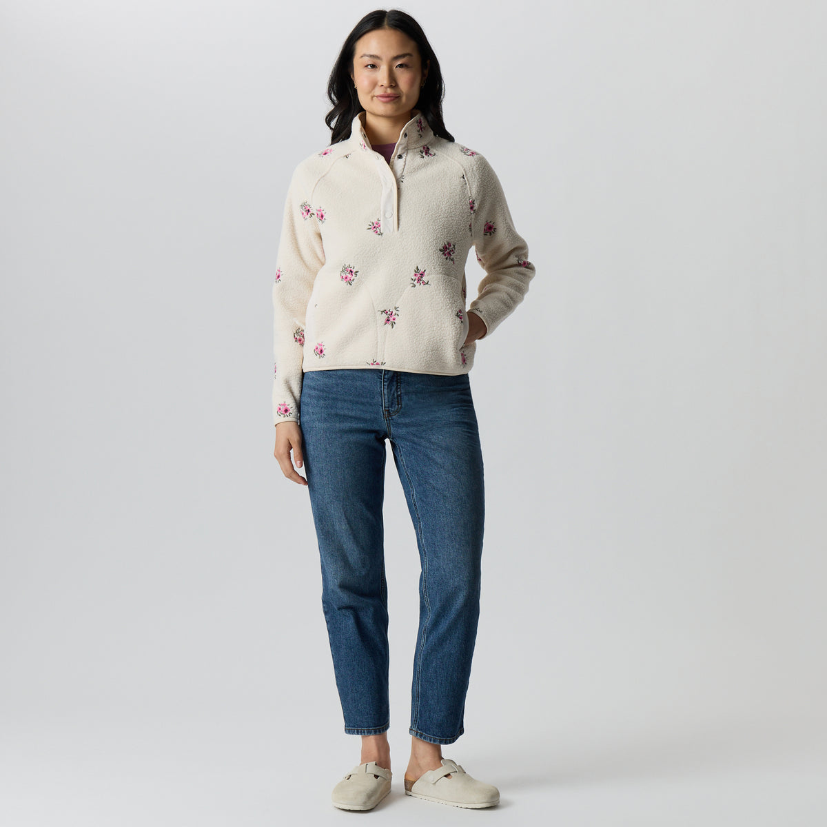 Women's Plush Fleece Snap-Mock Pullover - Embroidered-Blush-4