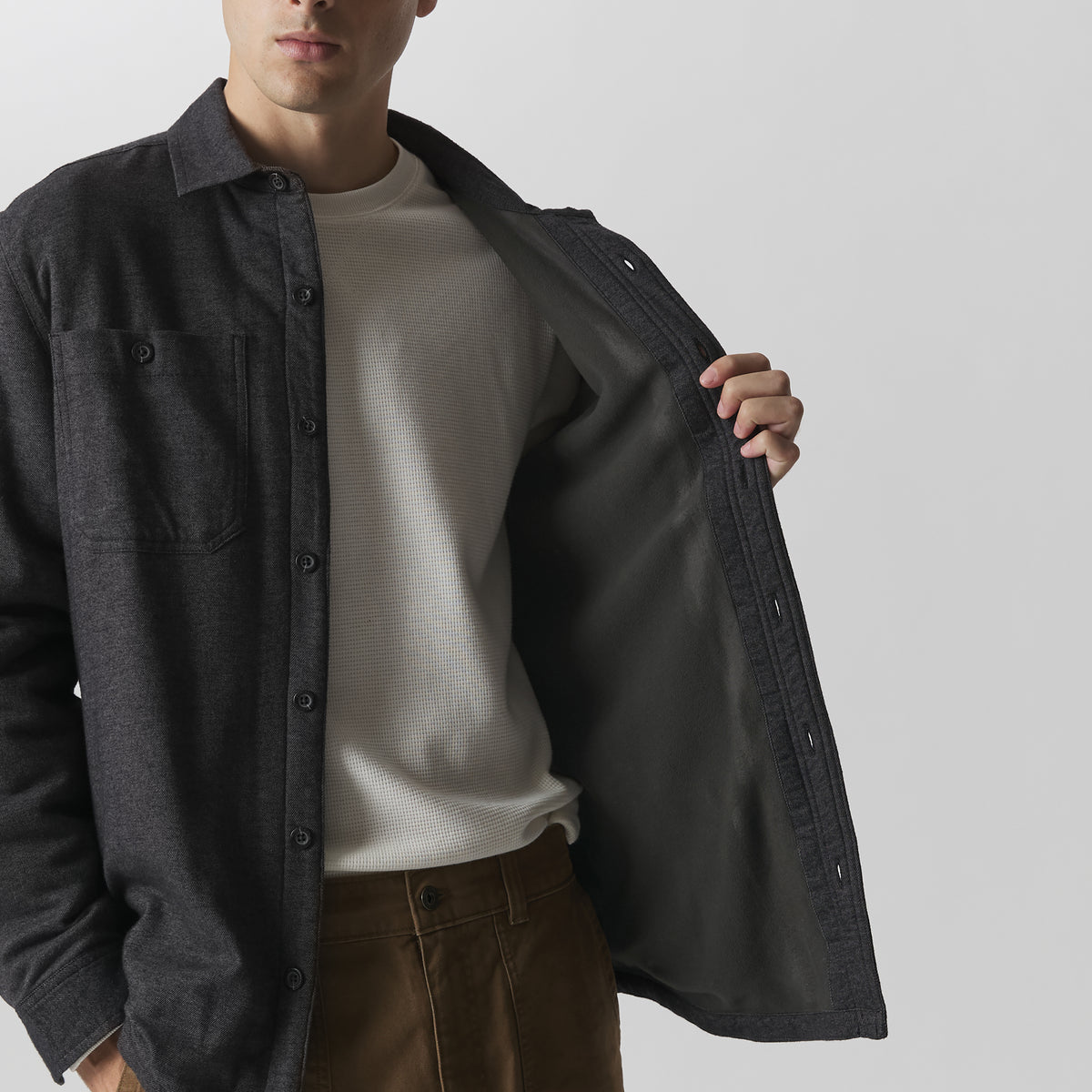 Men's Long-Sleeve Eddie's Field Fleece Lined Flannel Shirt Jacket-Charcoal-2