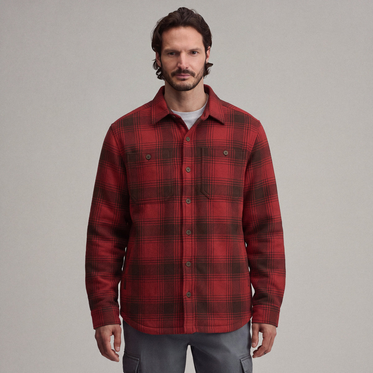 Men's Long-Sleeve Eddie's Field Fleece Lined Flannel Shirt Jacket-Cardinal-1
