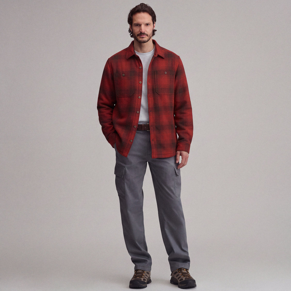 Men's Long-Sleeve Eddie's Field Fleece Lined Flannel Shirt Jacket-Cardinal-4