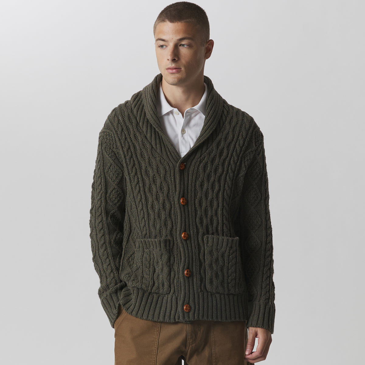 Men's Northwest Cable-Knit Shawl Collar Cardigan-Deep Olive-1