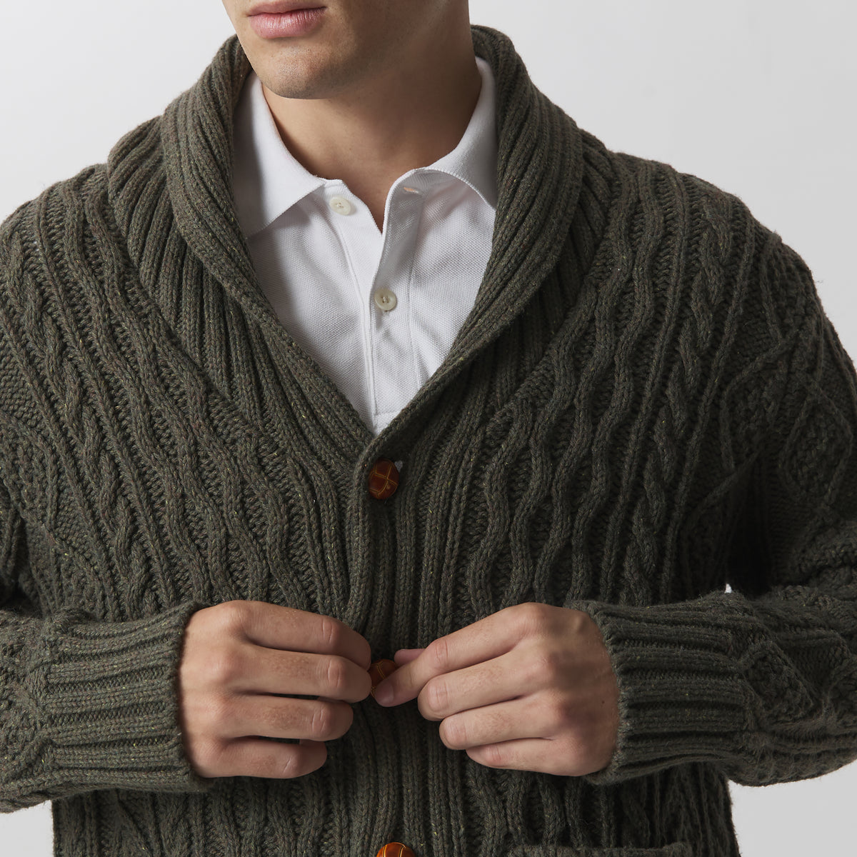 Men's Northwest Cable-Knit Shawl Collar Cardigan-Deep Olive-3