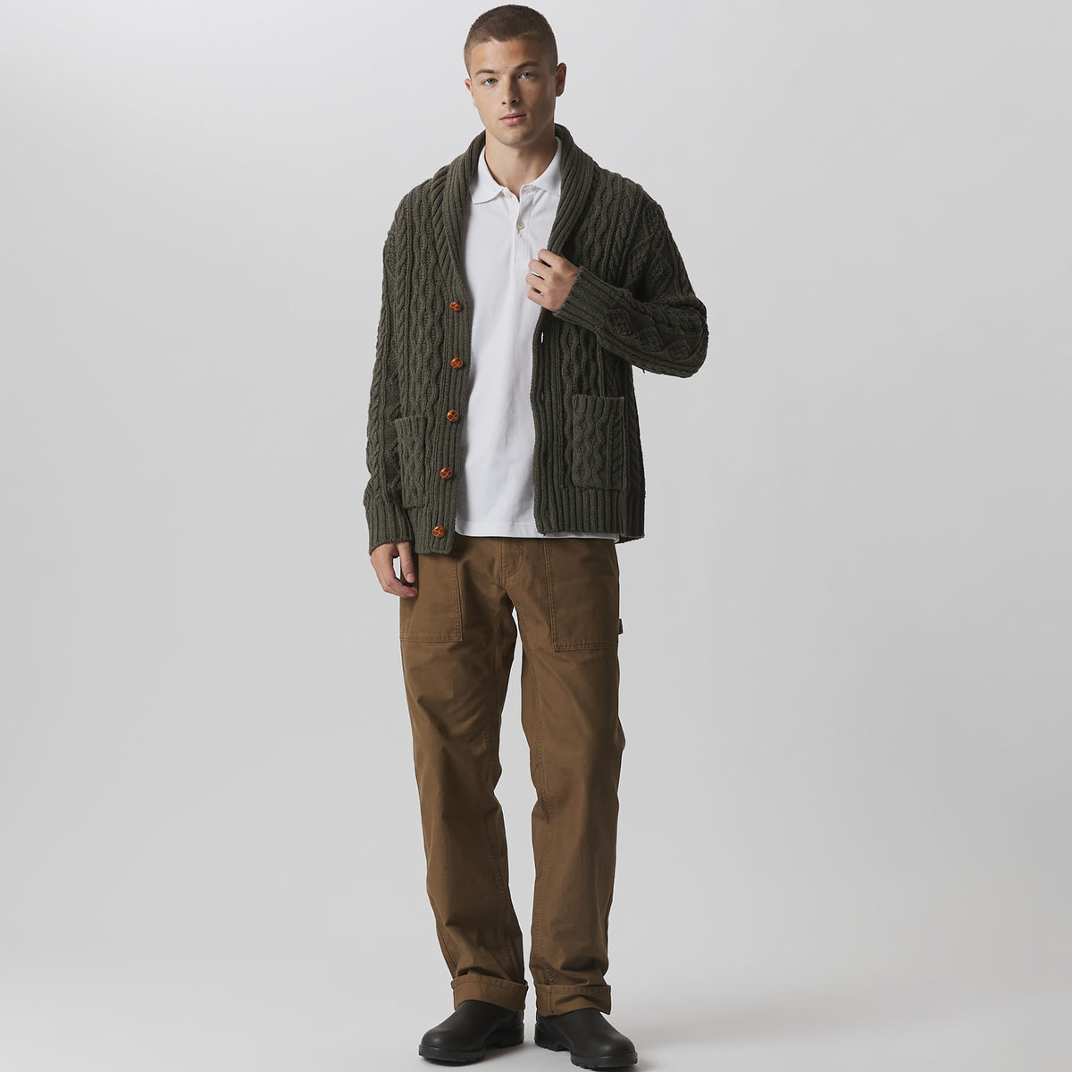 Men's Northwest Cable-Knit Shawl Collar Cardigan-Deep Olive-4