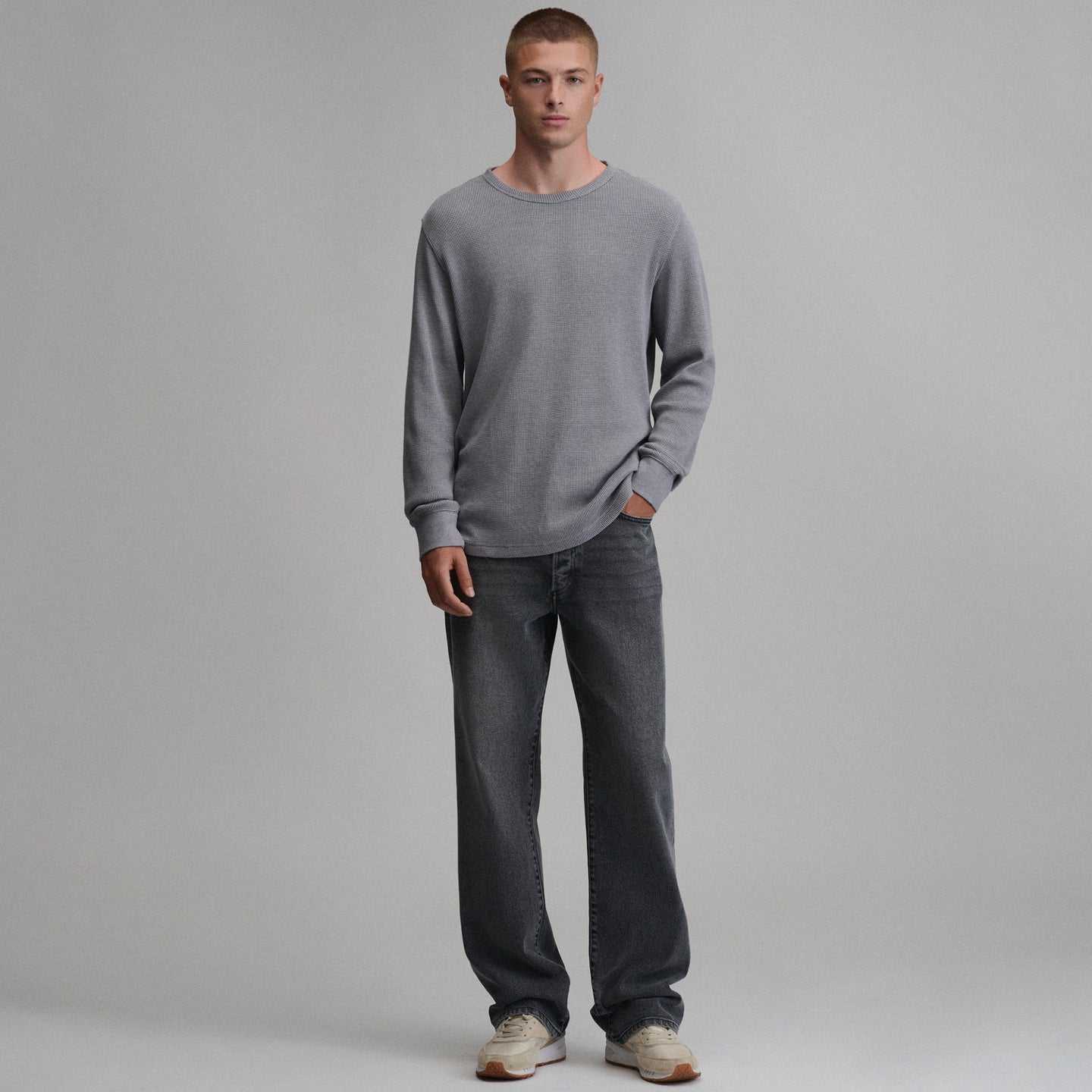 Plaited Waffle Thermal Crew-Slate-32